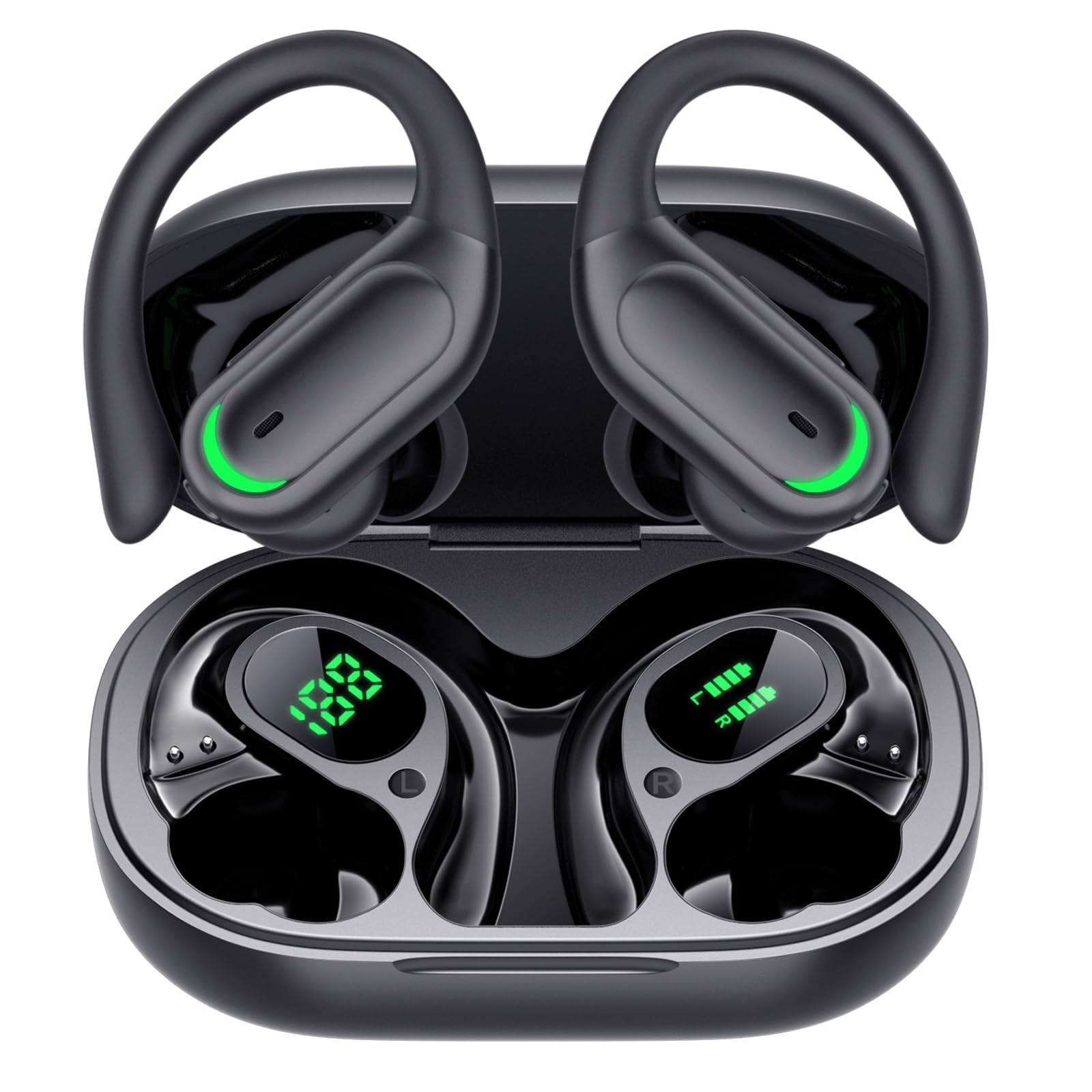 Wireless Earbuds Bluetooth 5.4 Headphones, 96hrs Playtime, Wireless Charging Case LED Display, Over Ear Headphones, ENC Noise Cancelling, Hi-Fi Sound, IP7 Waterproof, for Sports and Workouts Black