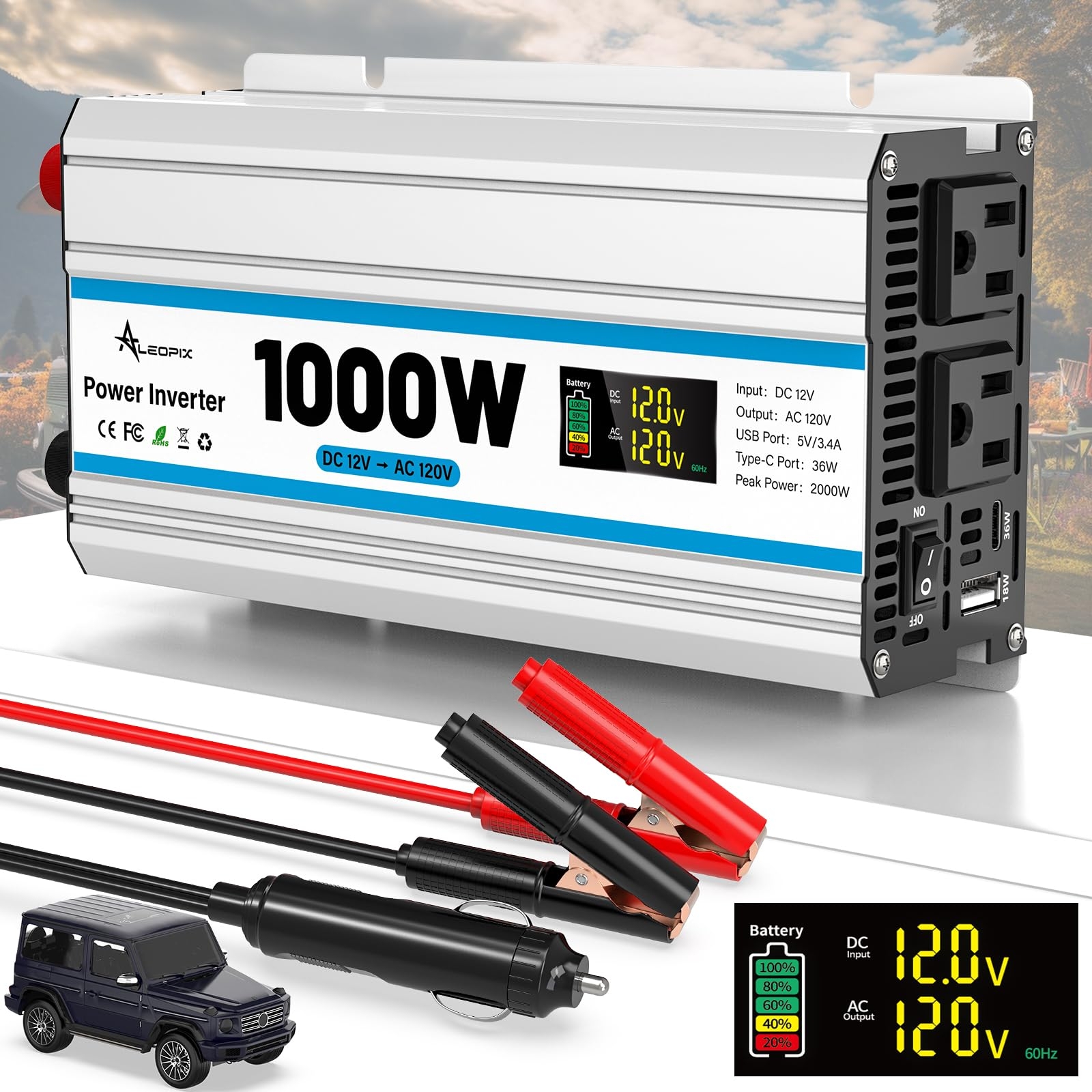 1000W Car Inverter 12V to 110V DC to AC Power Inverters for Vehicles with 2 AC Outlets/36W PD USB-C/18W QC USB-A Fast Charging/Cigarette Lighter/LED Display/100A Cables 1000 Watt Inverter