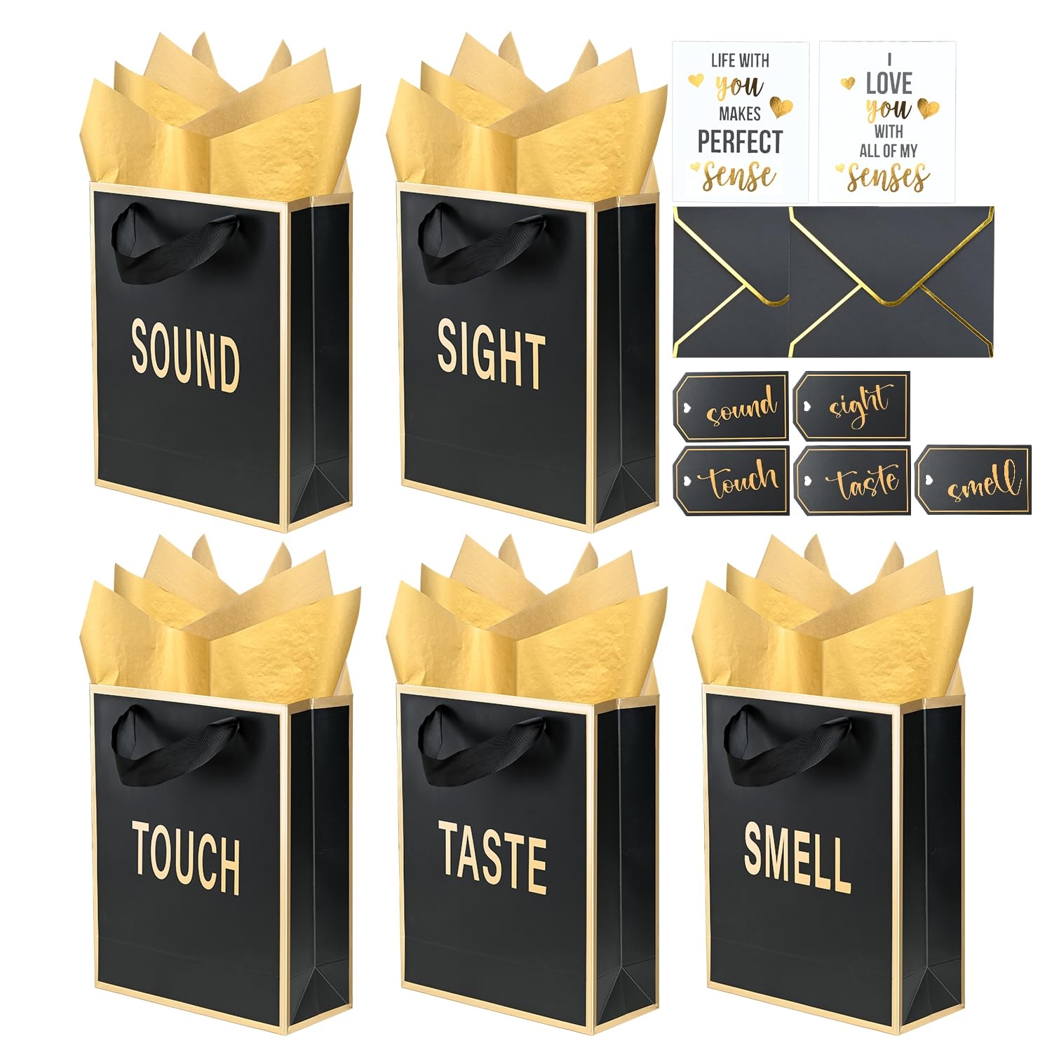 Gold Foil 5 Senses Gift Bags for Him Her with Labels Envelopes and Cards, Sight Smell Touch Taste Sound Gift Bags with Tissue Handle for Birthday, Anniversary, Mother's Day, Valentine's Day(9x7x3.15inch)