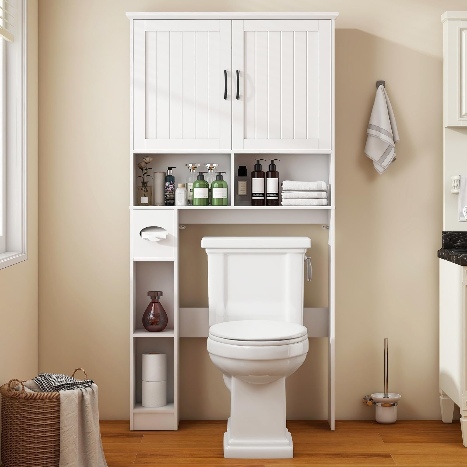 Over The Toilet Storage Cabinet, Farmhouse Storage Cabinet Over Toilet with Barn Door& Toilet Paper Holder Stand，Home Space-Saving Toilet Rack, for Bathroom, Restroom, Laundry.