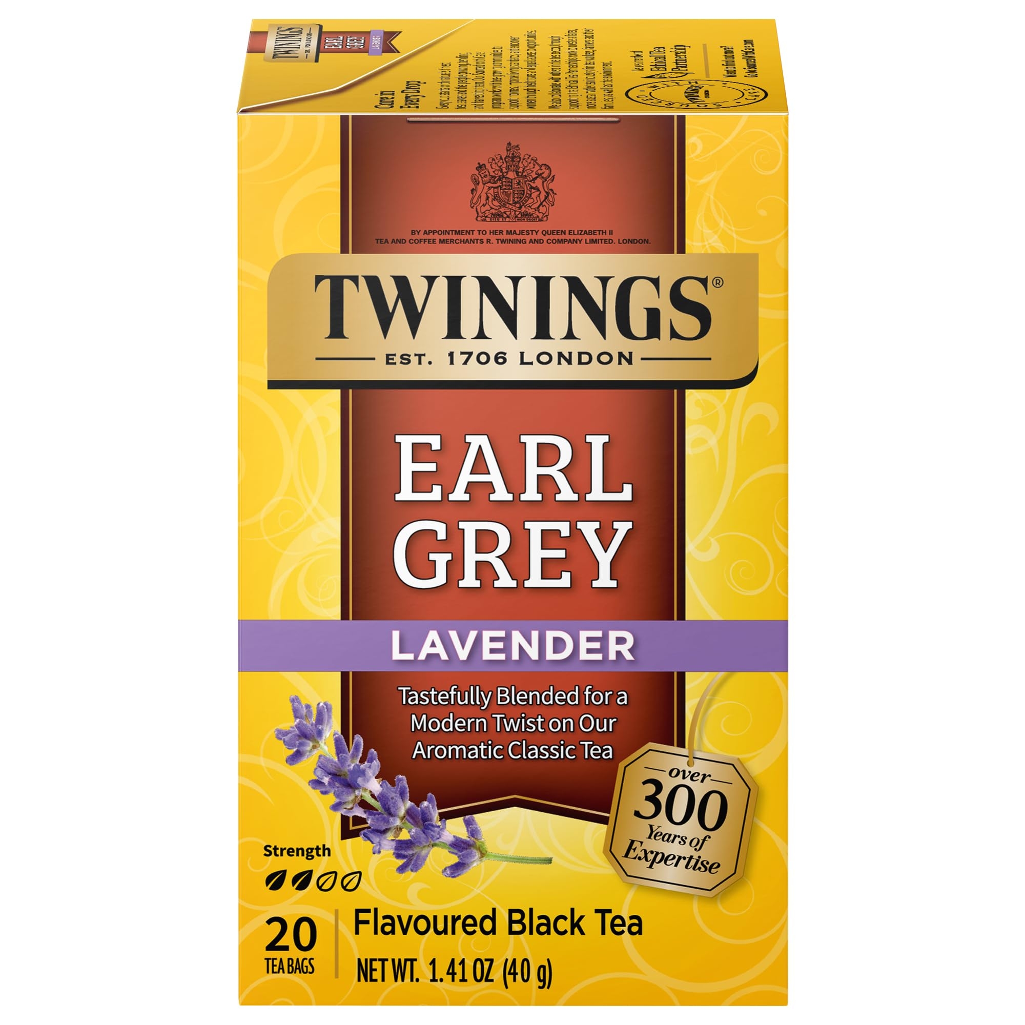 Twinings Earl Grey Lavender Tea – Caffeinated Black Tea Blend, Individually Wrapped Tea Bags, 20 Count