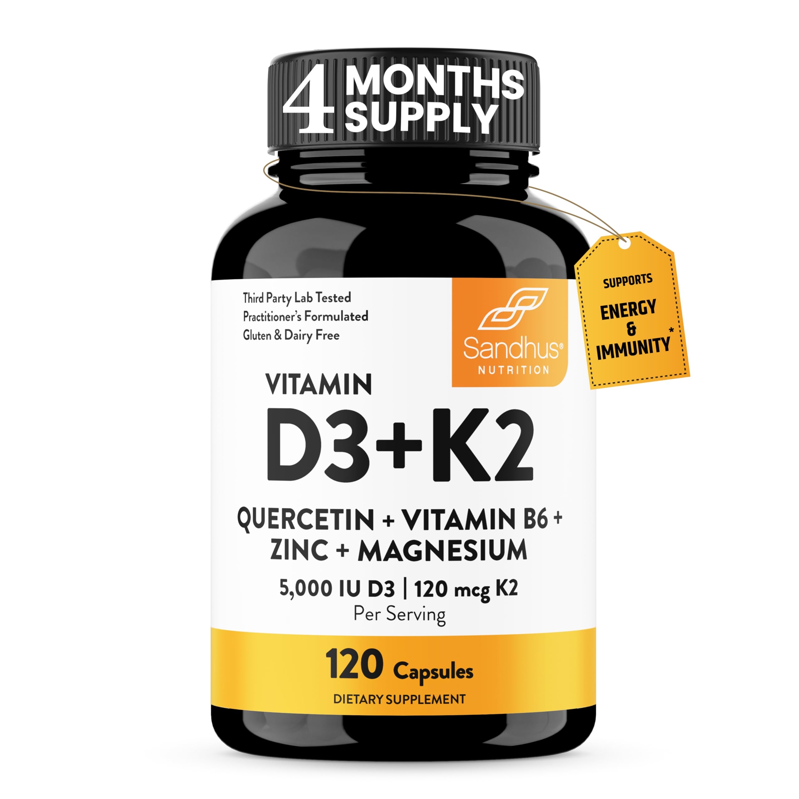 Sandhu's Vitamin D3 K2 Magnesium 5000 IU, 120mcg K2 Capsules 120 Count (Pack of 1) | VIT B6, D3K2, Zinc & Quercetin | Superior Absorption, Supports Energy, Immune, Bone & Muscle Health for Men & Women
