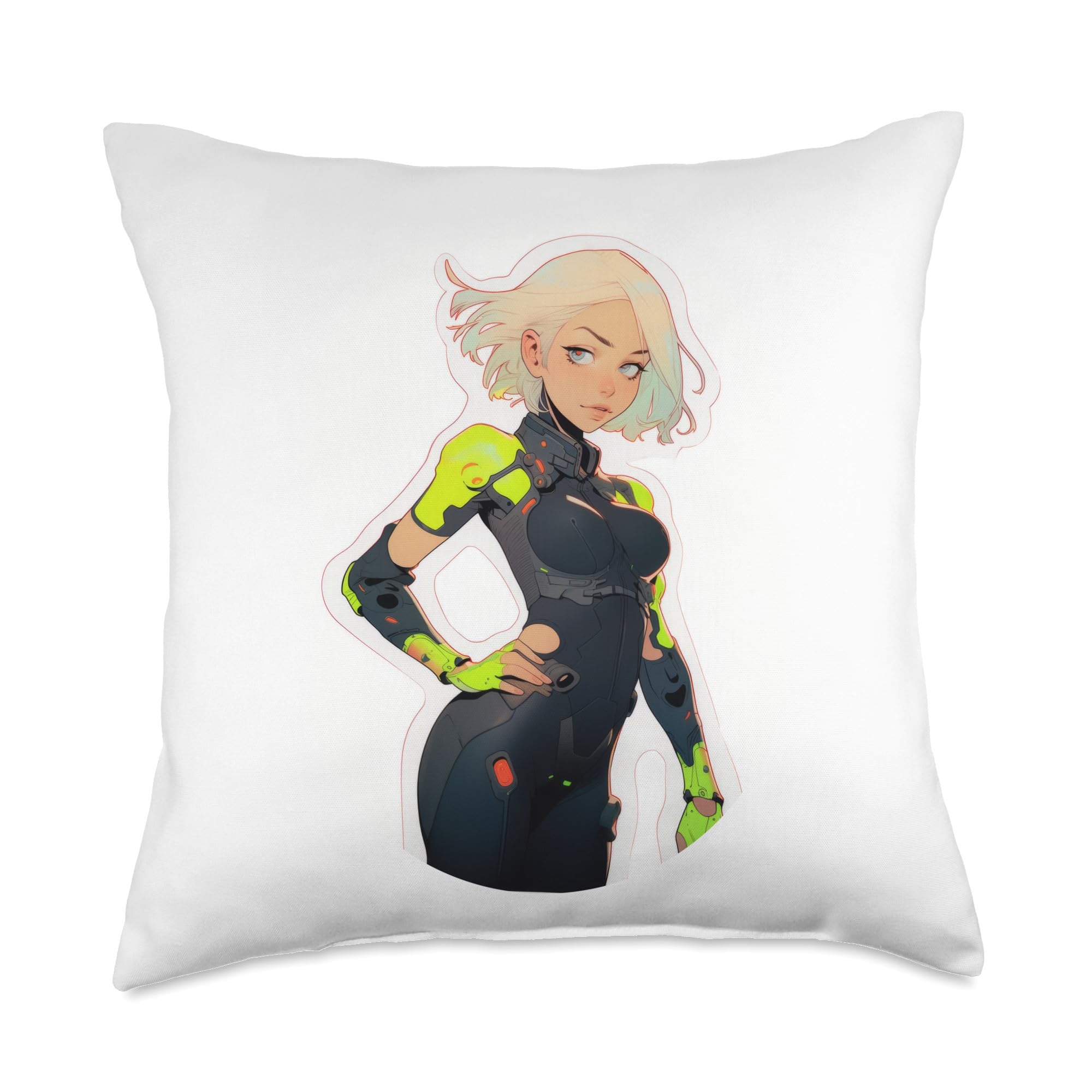 White Hair Cyber-punk Anime & Manga Girl In Cyberware Suit Throw Pillow