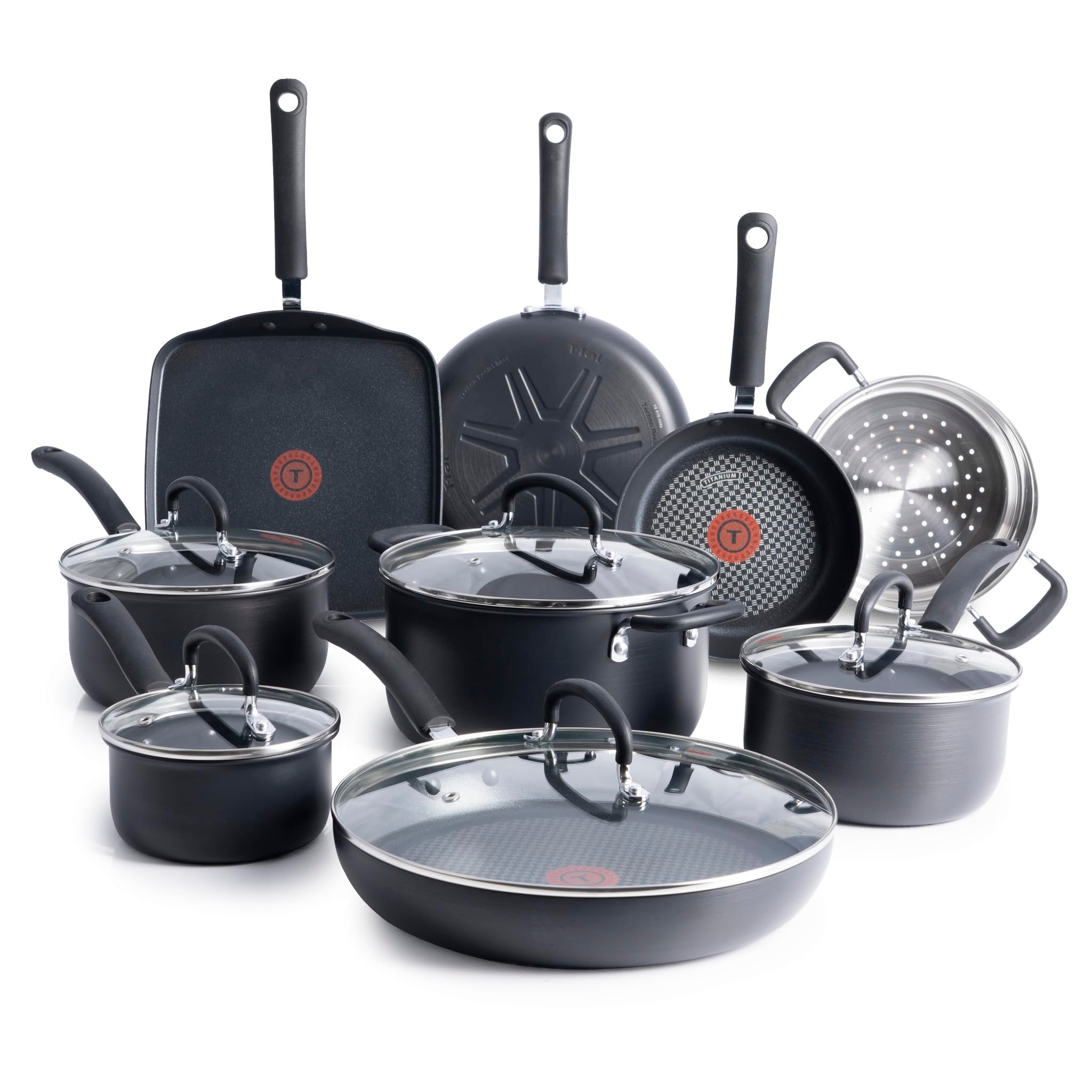 T-fal Ultimate Hard Anodized Nonstick Cookware Set 14 Piece, Oven Broiler Safe 400F, Lid Safe 350F, Kitchen Cooking Set w/Fry Pans, Saucepans, Griddle, Dutch Oven, Pots & Pans, Dishwasher Safe, Black