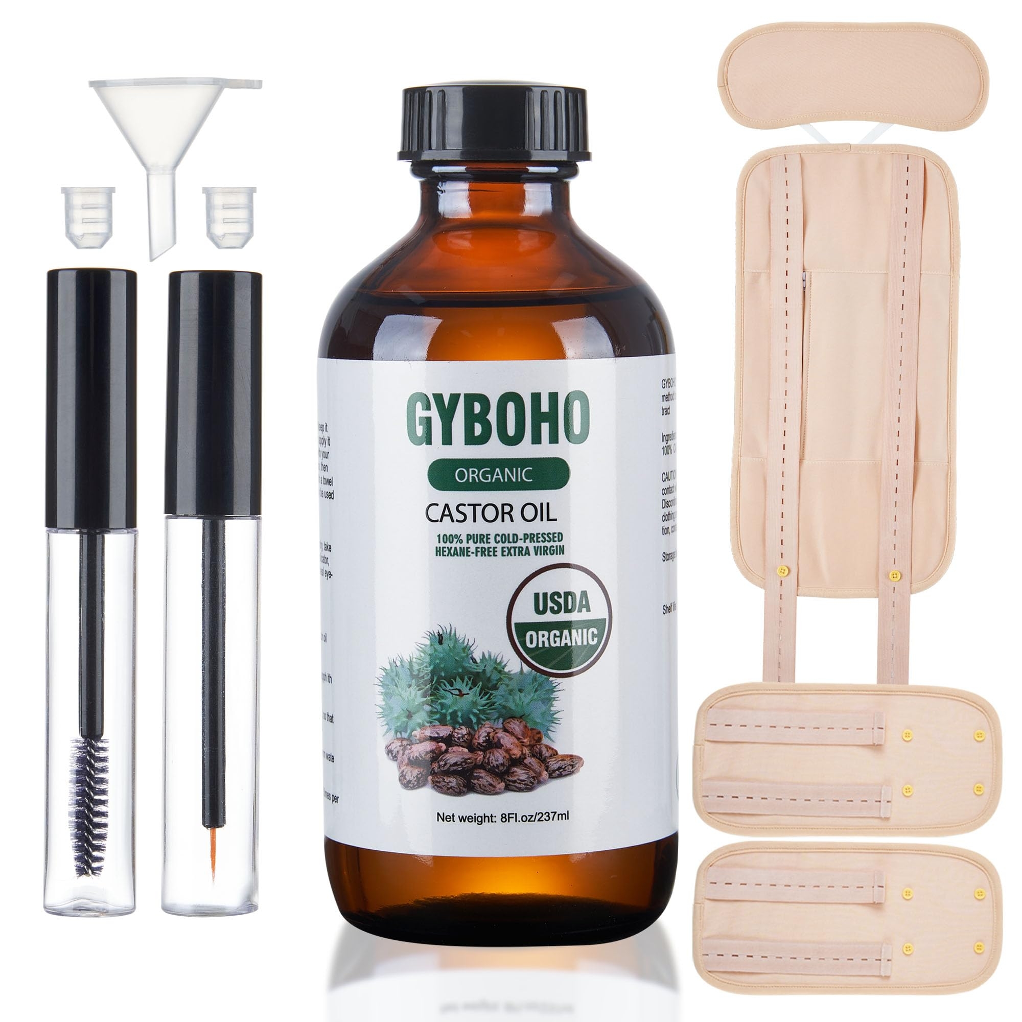 Castor Oil Organic Cold Pressed Unrefined Glass Bottle,Castor Oil Pack Wrap Organic Cotton for Stomach-Neck-Abdomen -Knee-Arm-Liver Detox.organic castor oil for Hair Growth -Face-Lashes & Eyebrows