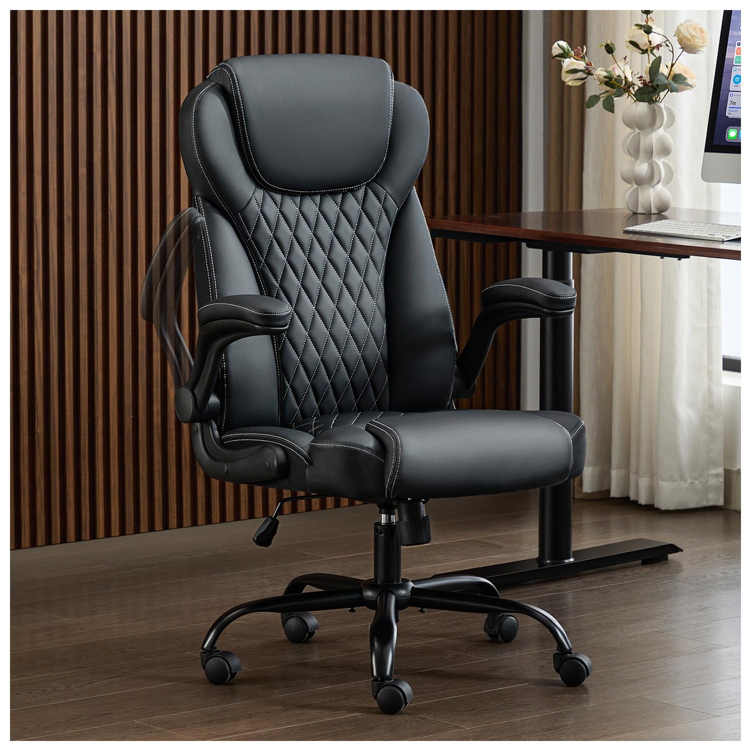 amseatec, Office Chair, Executive Leather Chair Home Office Desk Chairs, Ergonomic Computer Desk Chair with Adjustable Flip-Up Arms, Lumbar Support Swivel Task Chair with Rocking Function (Black)