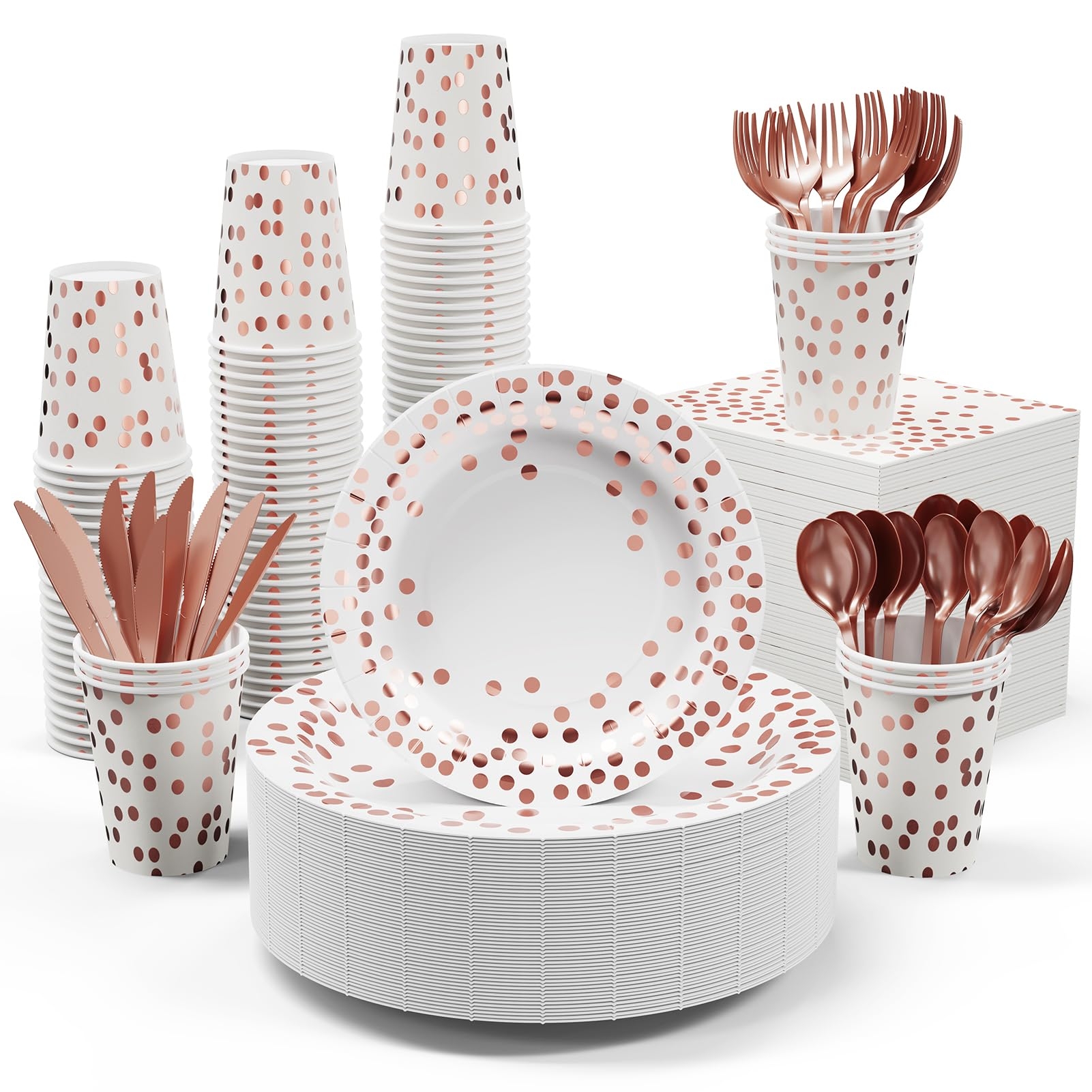 White and Rose Gold Party Supplies - 350 PCS Disposable Dinnerware Set - White Paper Plates Napkins Cups, Gold Plastic Forks Knives Spoon for Graduation, Birthday, Cocktail Party