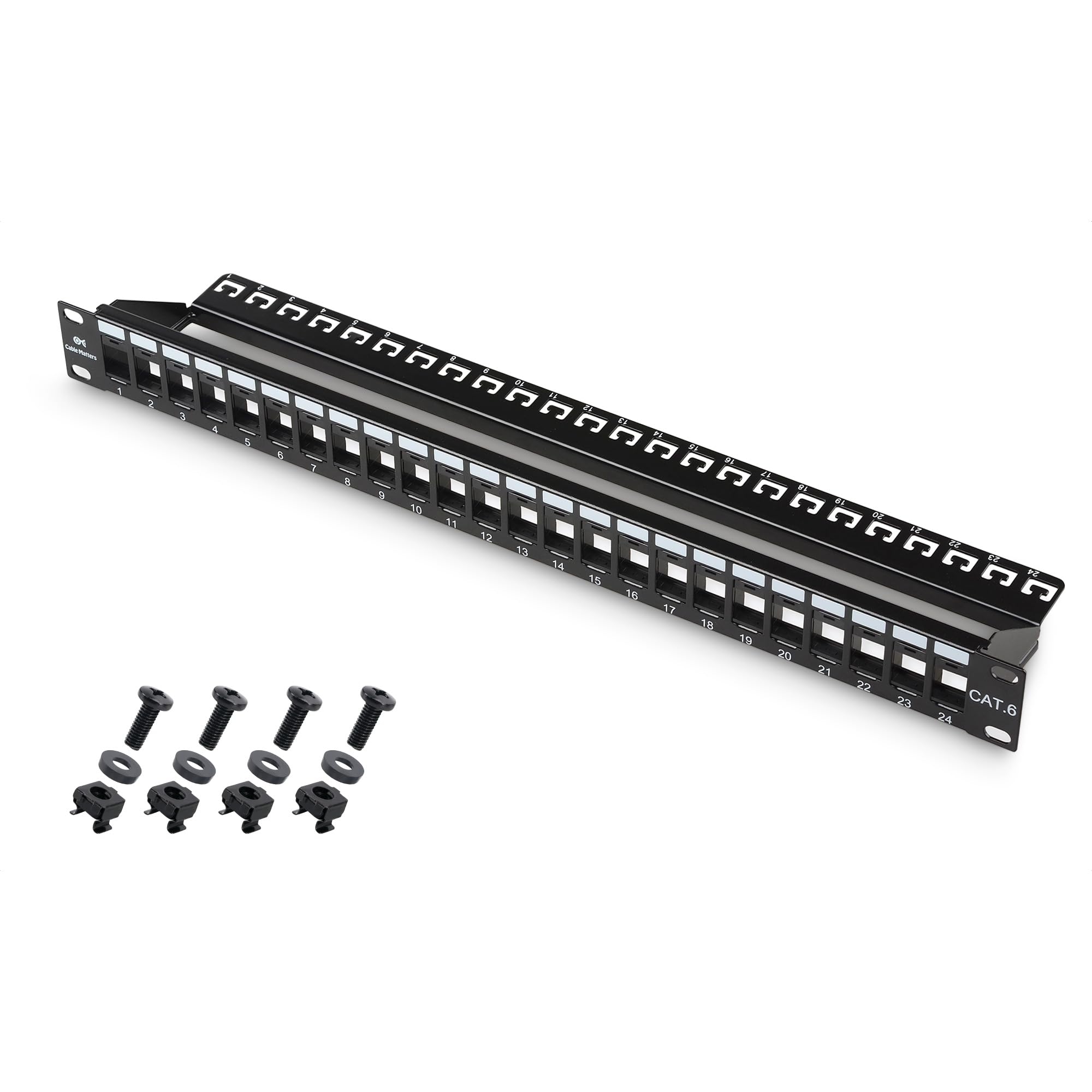 Cable Matters Rackmount or Wall Mount 1U 24 Port Keystone Patch Panel with Cable Management and Support Bar, 19-inch Blank Patch Panel for Keystone Jacks
