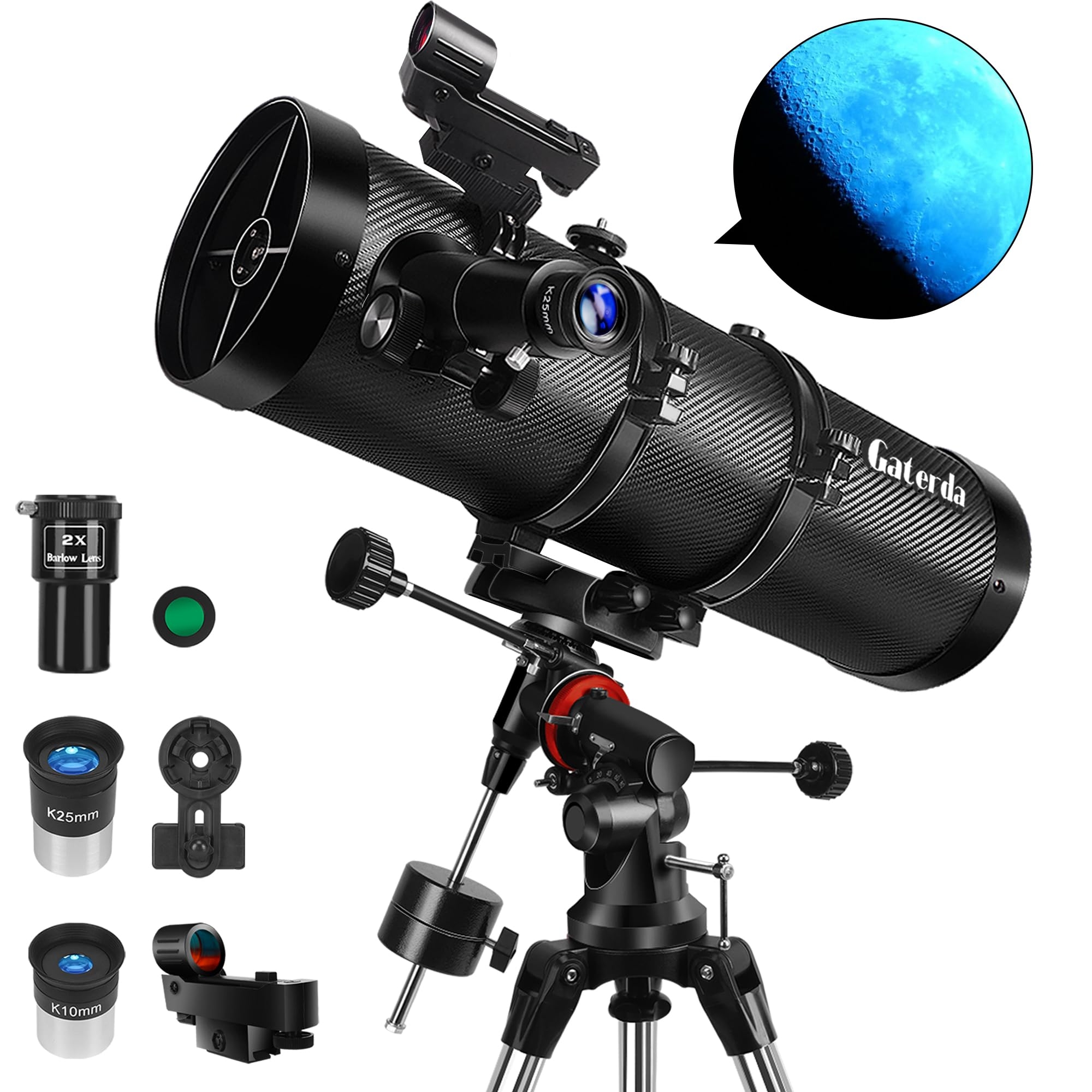 Telescope 150EQ Reflector Telescope for Adults Astronomy, Professional Manual German Equatorial Telescopes for Beginners & Kids with Eyepiece Set, Stainless Tripod, Moon Filter and Phone Adapter