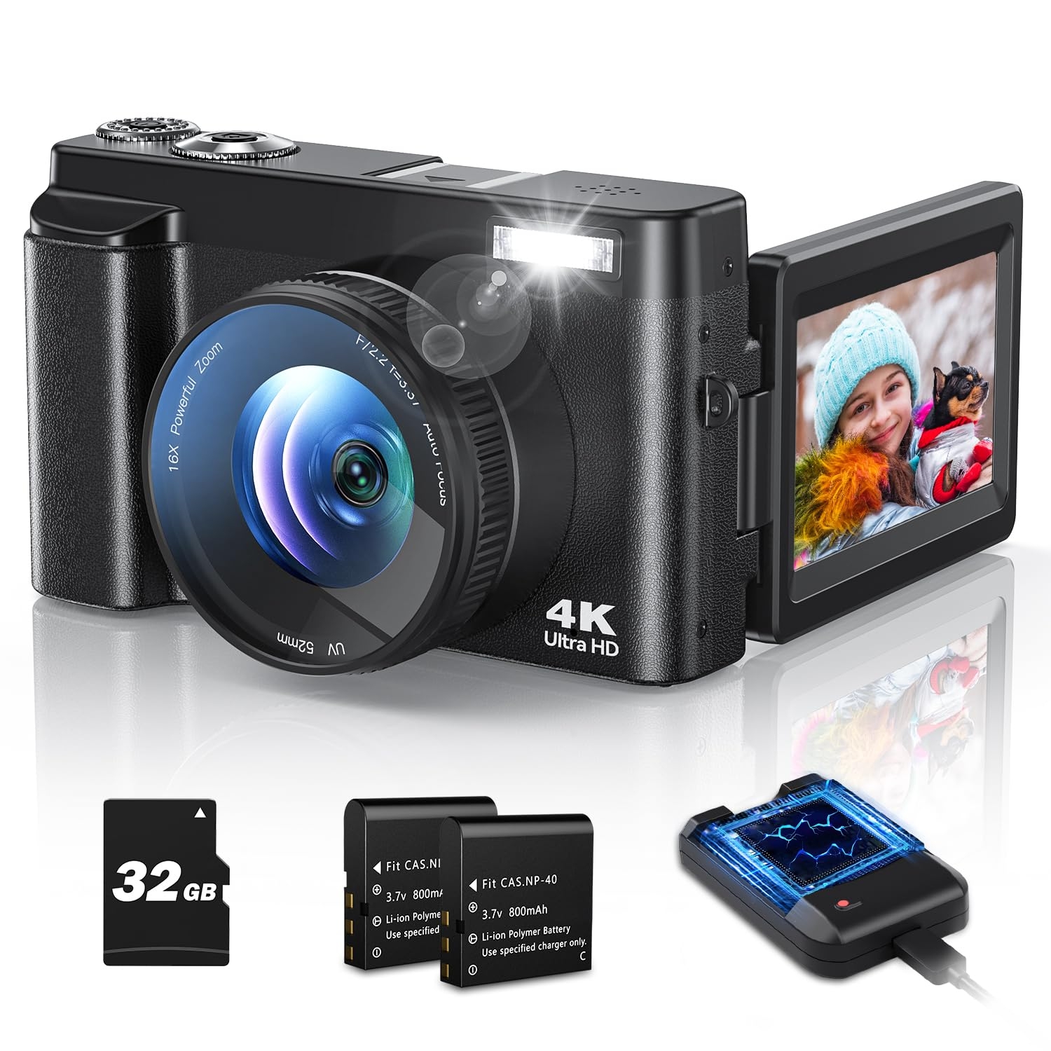 Bifevsr 4K Digital Camera for Photography Autofocus, 48MP Vlogging With Flash Anti-Shake, 3'' 180 Flip Screen Compact Travel 16X Zoom for Teens With 32G Card, Battery Charger