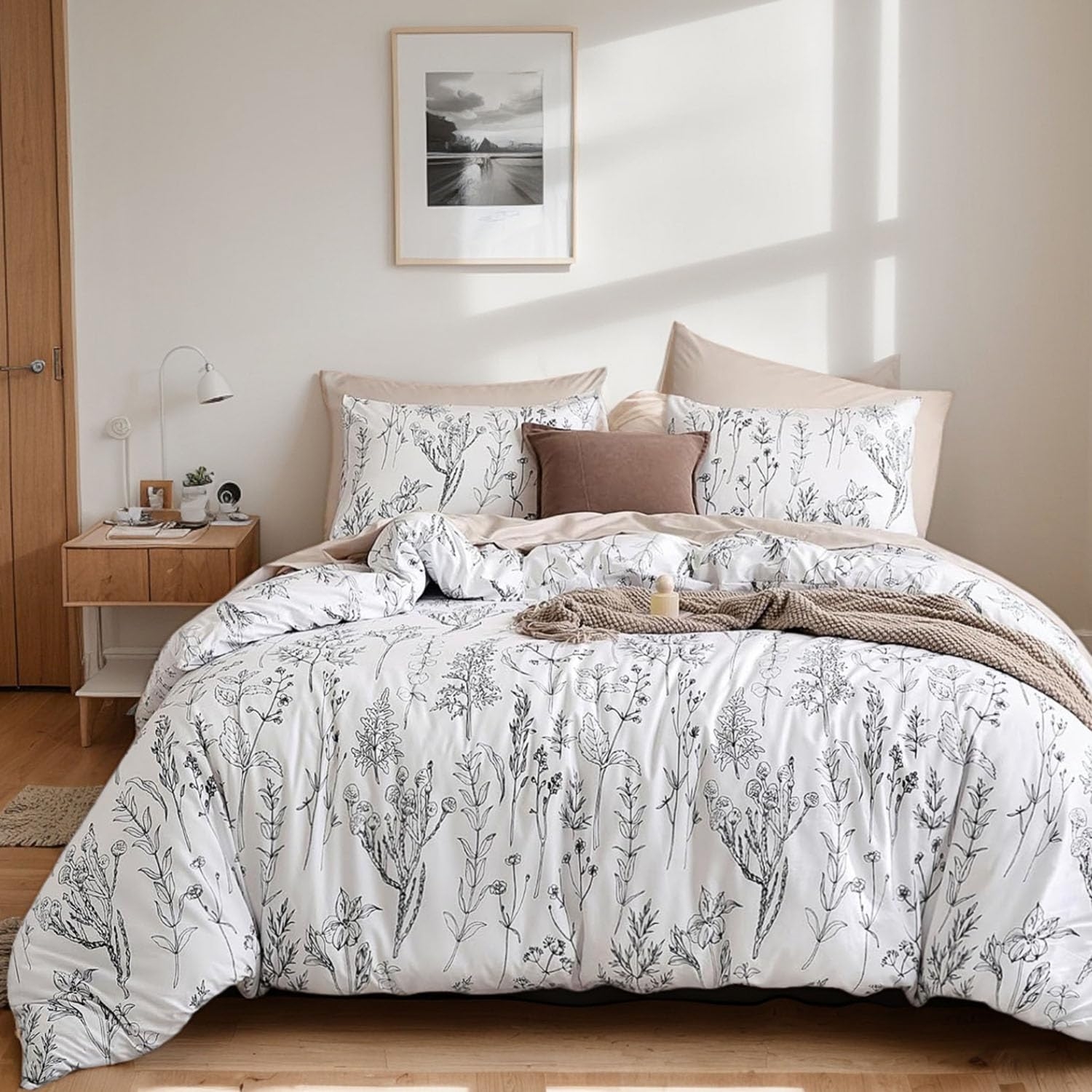 JANZAA Queen Comforter Set White Comforter Floral Bedding Sets 3 Pieces Flowers Bed Comforter 1 Soft Reversible Cute Botanical with 2 Pillow Shams