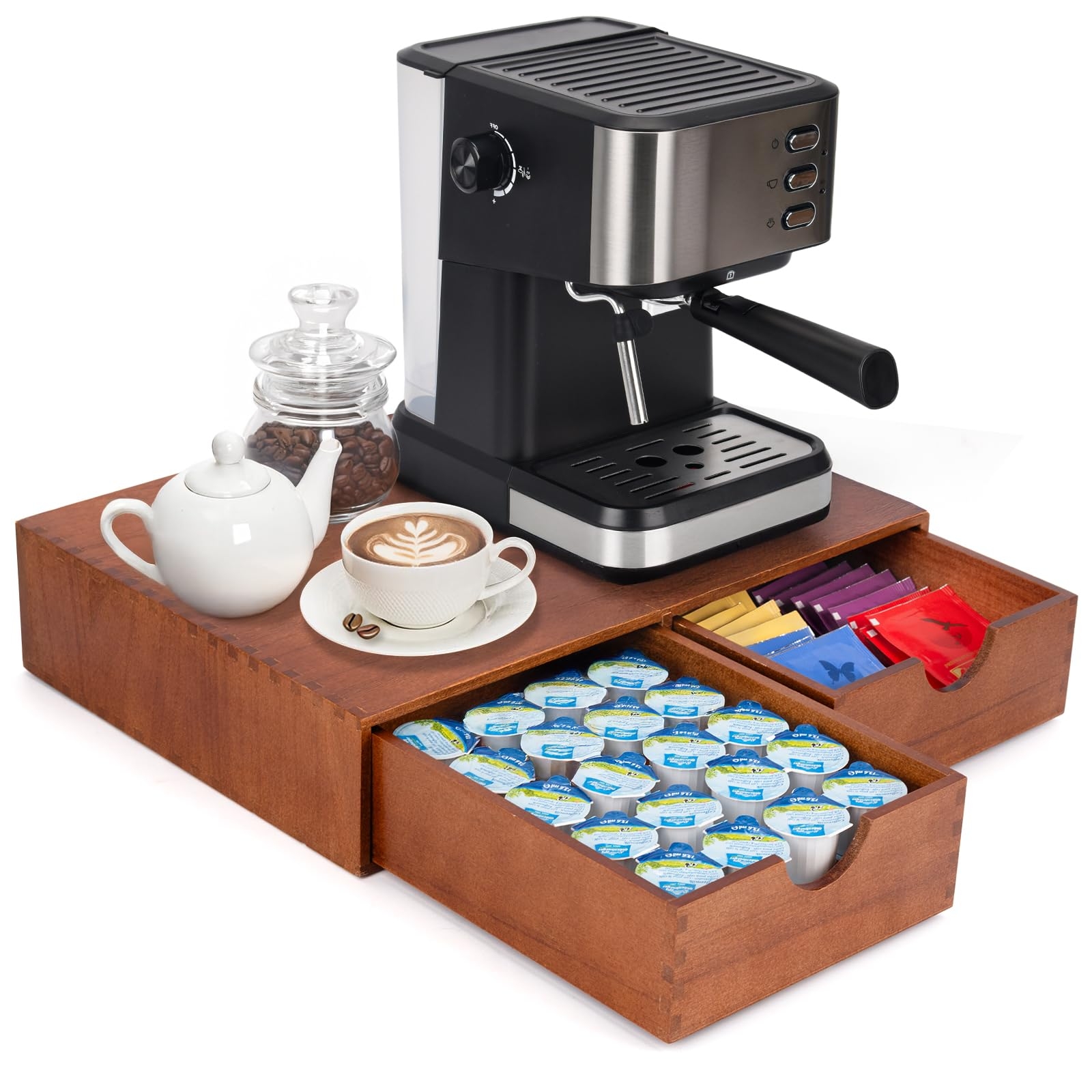 Wooden Coffee Pod Organizer, Coffee Bar Organizer Tea Bag Storage, Coffe Cup Drawer Maker Machine Stand for Kitchen, Kffee Bar Utensil Storage Home Decor Office Supplies