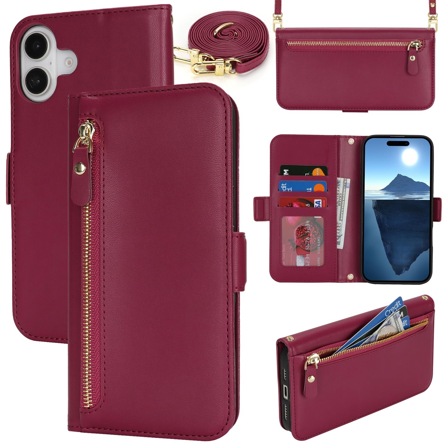 Lipvina for iPhone 16 Wallet Case for Women,Zipper Pocket,PU Leather Phone Case Stand flip Cover Crossbody Lanyard Strap Zipper Credit Card Holder Slots for Apple 16,Wine Red