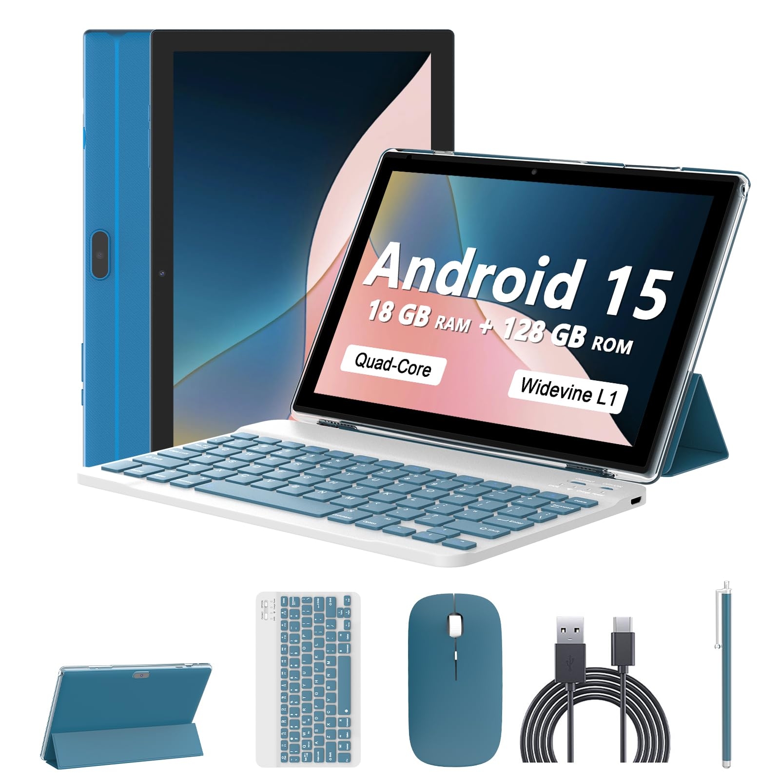 Android 15 Tablet 10 Inch, 18GB RAM+128GB ROM/2TB Expandable Tablet, 2 in 1 Tablets with Keyboard Case Mouse Stylus, 2.0GHz Quad-core CPU, 1280*800 IPS HD Screen, 5G WiFi6 BT 5.0, 8MP Camera Tablet PC