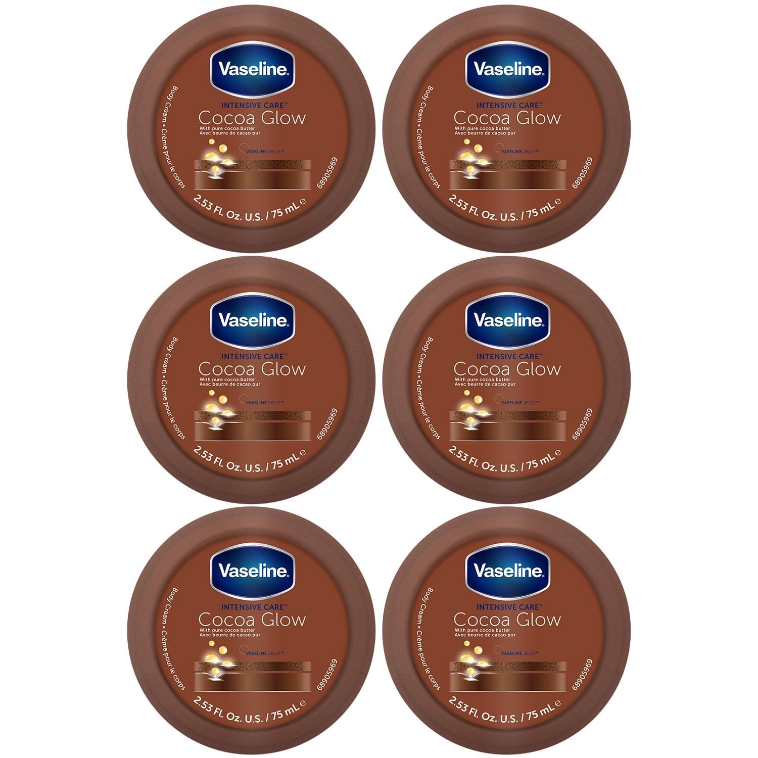Vaseline Cocoa Glow Body Cream 6-Pack – Pure Cocoa Butter 48H Moisturizing Cream for Dry Skin, Travel-Size, 2.53 Fl Oz Ea