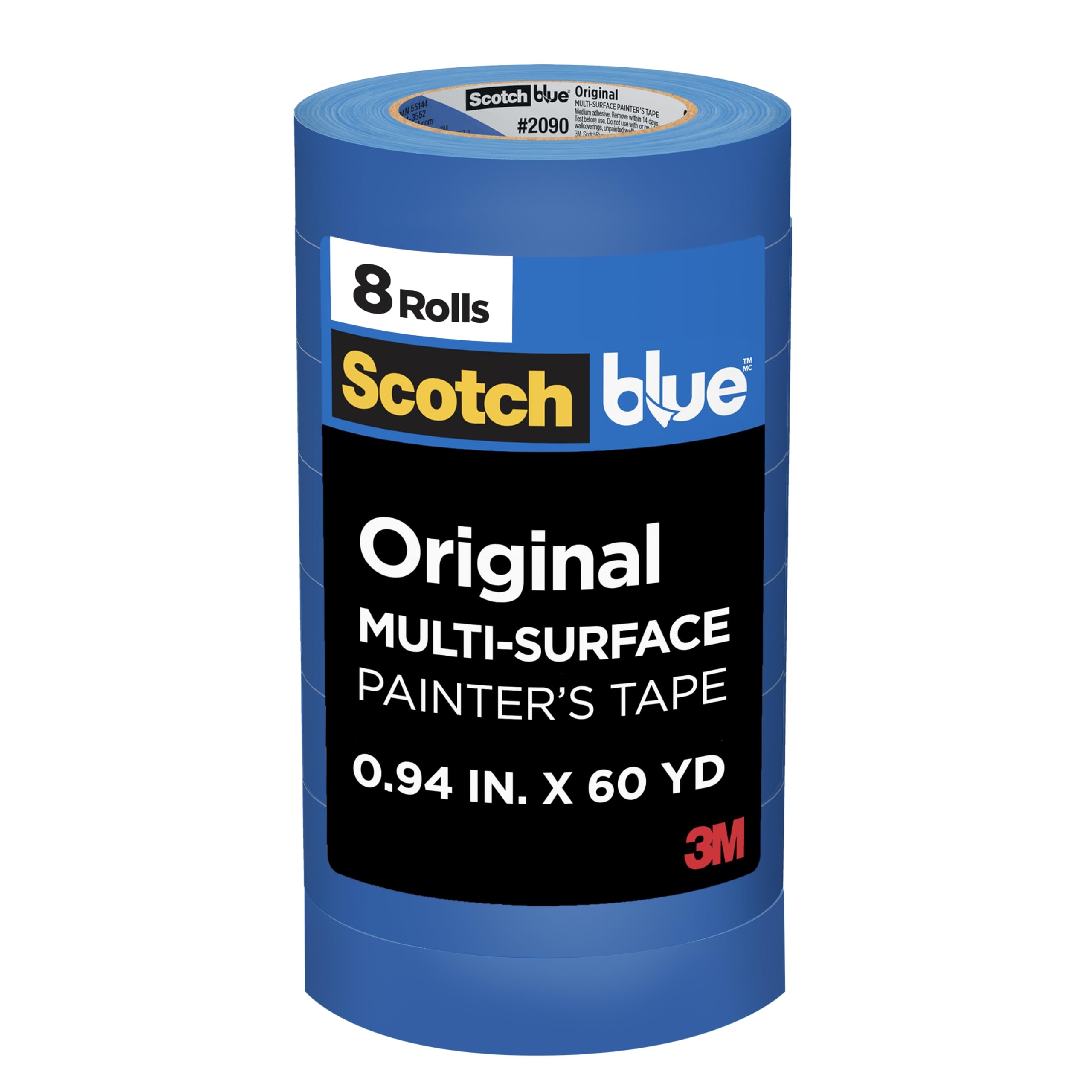 ScotchBlue Painter's Tape, 0.94" Width x 60 Yards, 8 Rolls, Blue, Multi-Surface, Indoor/Outdoor, 45% Renewable Resources, No Residue, DIY, Glass, Wood, 0.94 inches, Made in USA or Imported