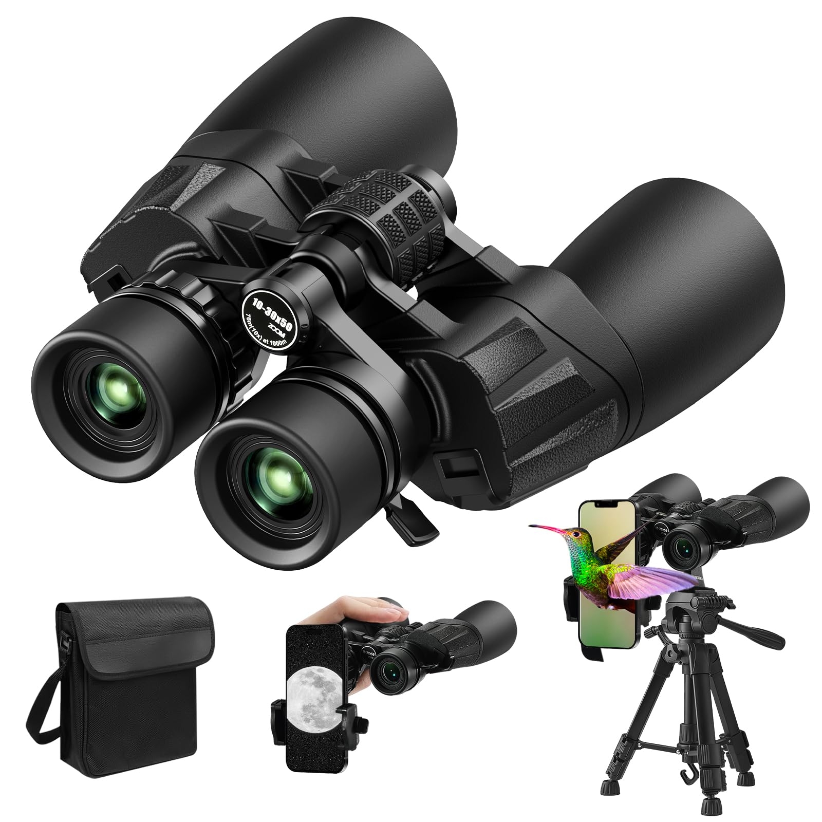 10-30×50 HD Zoom Binoculars for Adults with Upgraded Phone Adapter, Tripod and Tripod Adapter,Clear Low Light Vision at Night Waterproof High Powered Binocular for Bird Watching Travel