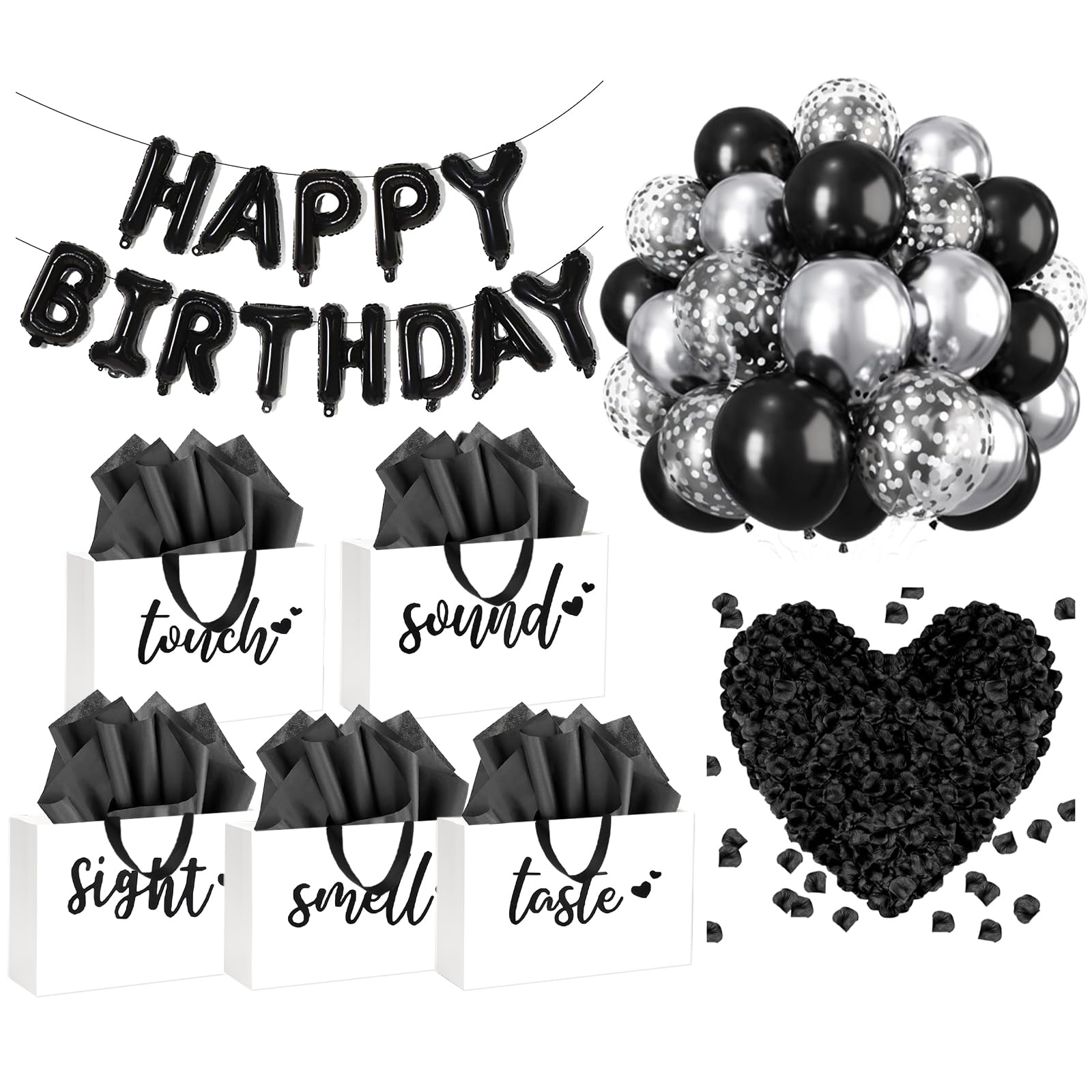 YIXAXKAO 5 Senses Gift Bags Five Senses Birthday Party Decorations with Tissue Paper, Rose Petals and Happy Birthday Banner Balloons Five Senses Gift for Him Husband Boyfriend (Black white)