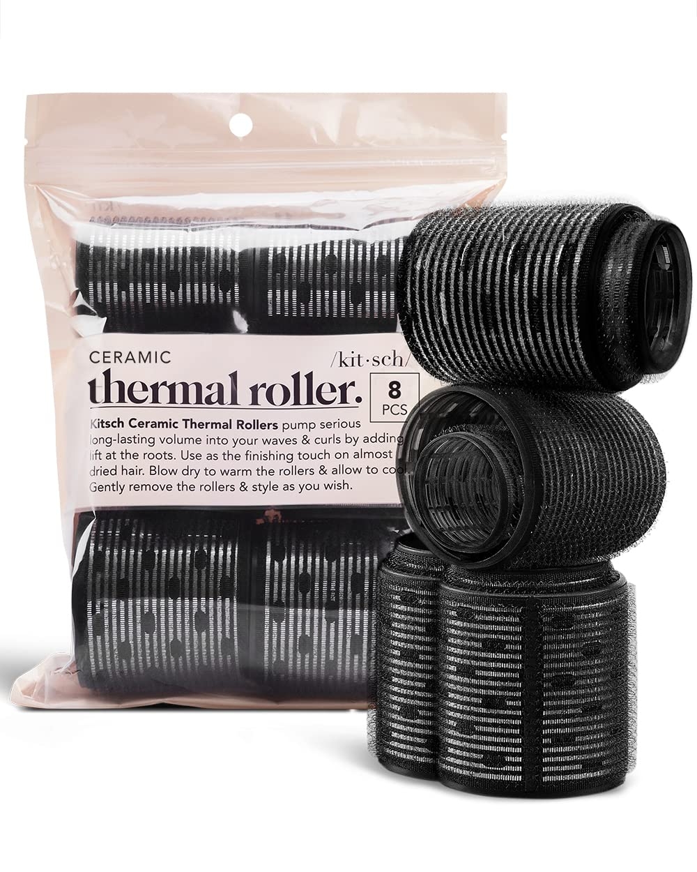 Kitsch Ceramic Thermal Hair Rollers for Women - Self Grip Rollers for Blowout Look Long Hair, Curlers for Medium & Short Hair, Large Roller for Volume Curls, Ceramic Coated, Easy to Use - 8pcs, Black