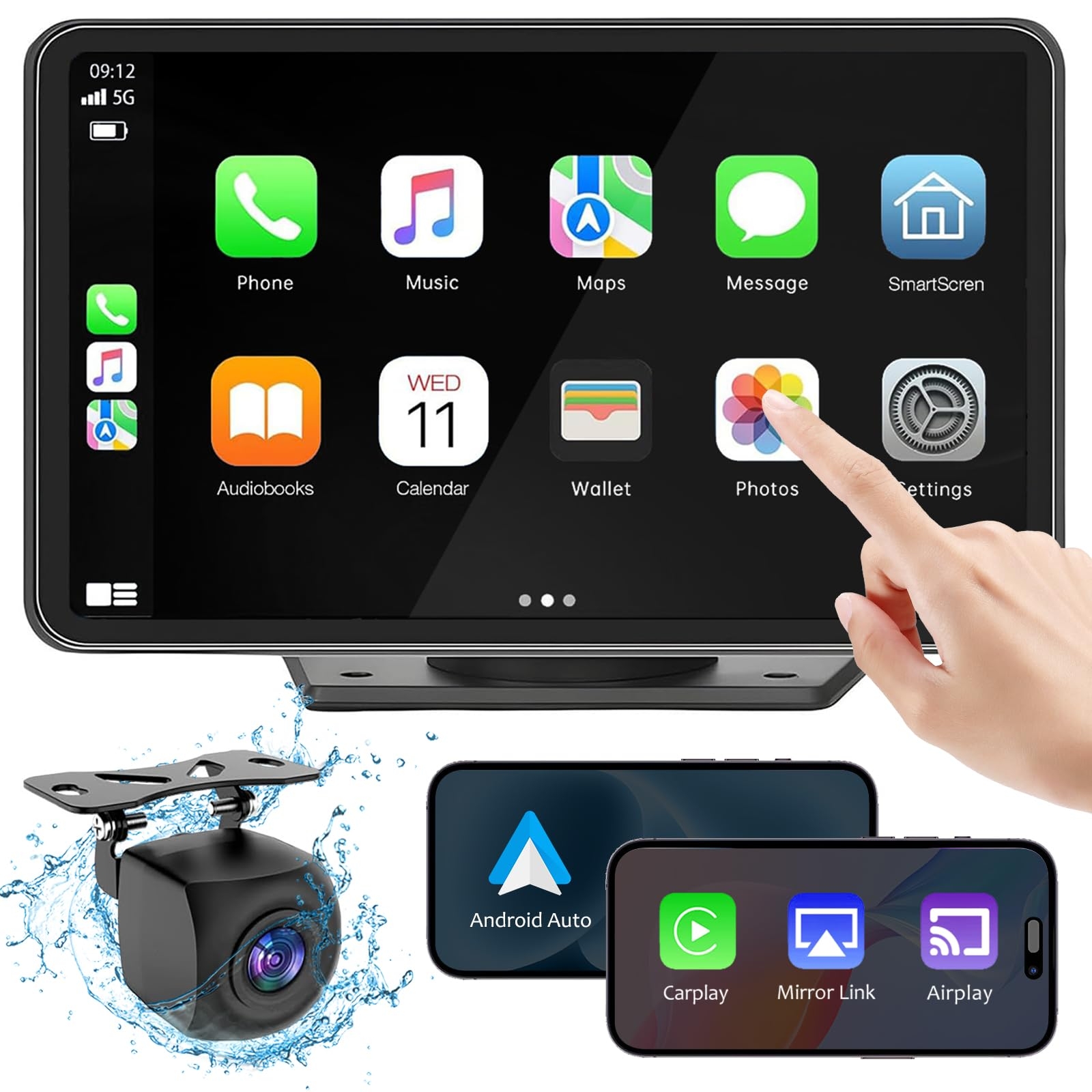 Carplay Screen for Car, 7" HD Wireless Portable Car Play Touchscreen Stereo with Android Auto Mirror Link/Backup Camera/GPS Navigation/Satellite Radio for All Vehicles