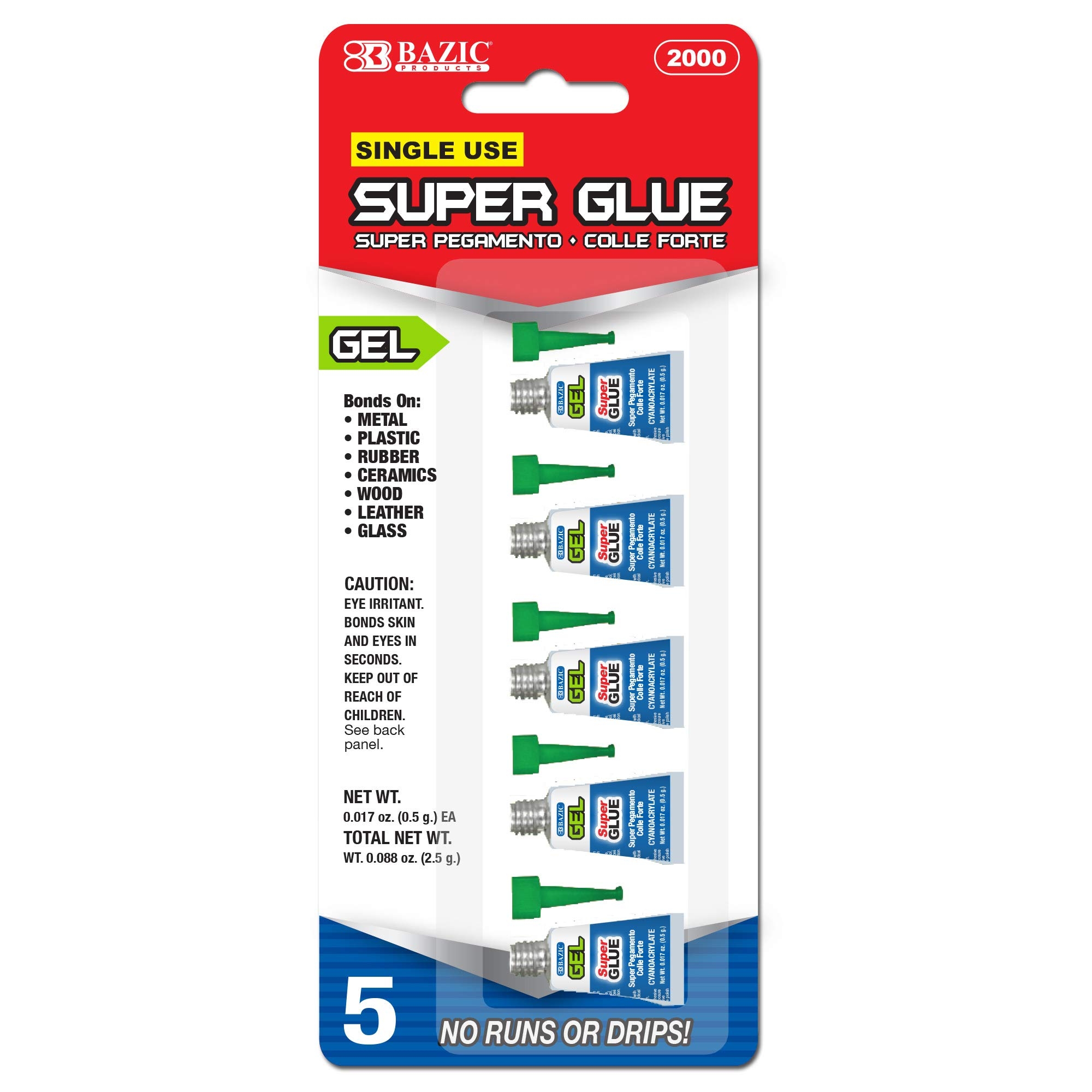 BAZIC Super Glue Gel 0.5g, Clear No Run Gel, Fast Dry Mini Small Tube Adhesive Bonding for Office & Home Improvement (5/Pack), 1-Pack