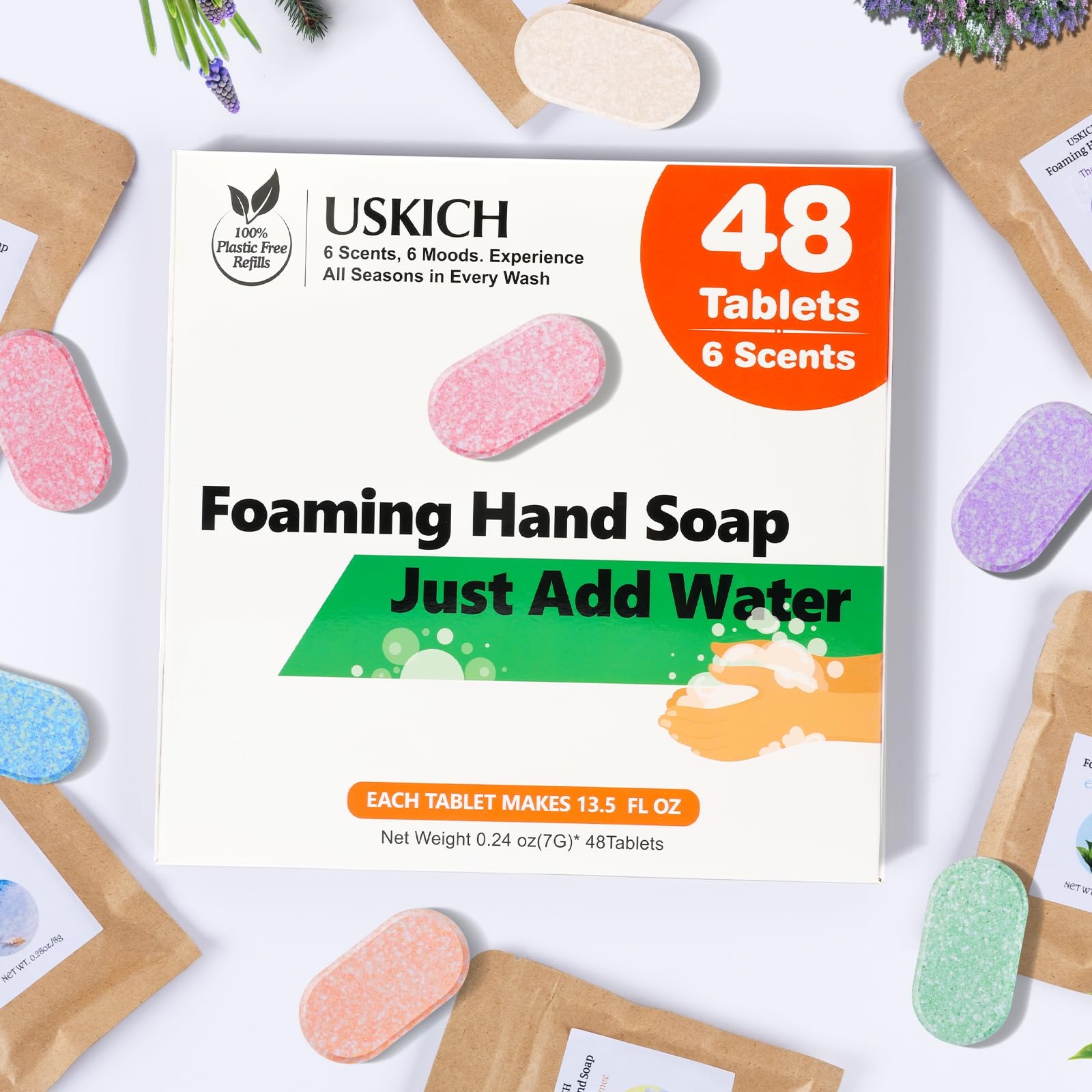 USKICH Foaming Hand Soap Tablet Refills -48Pack | Eco Friendly Products & Cleaning Supplies | Variety Fragrance Soap Refills Tablets for Using With Foaming Hand Soap Dispenser (48 x 8 Fl oz bottles)