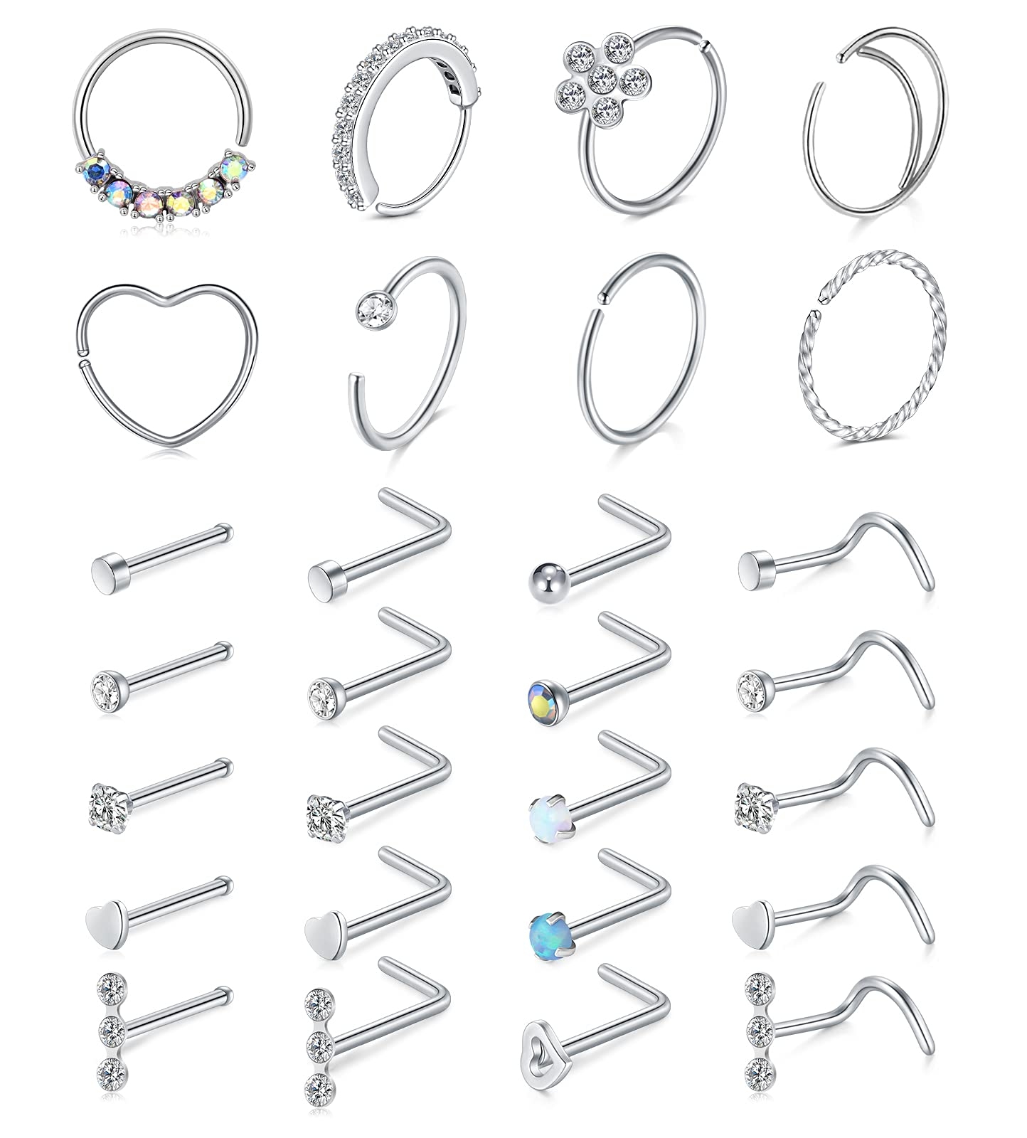 Mayhoop 20g Stainless Steel Nose Rings Hoop L Shape Nose Studs Nose Screw Bone Silver Rose Gold Black Rainbow Pack for Women Men 28Pcs