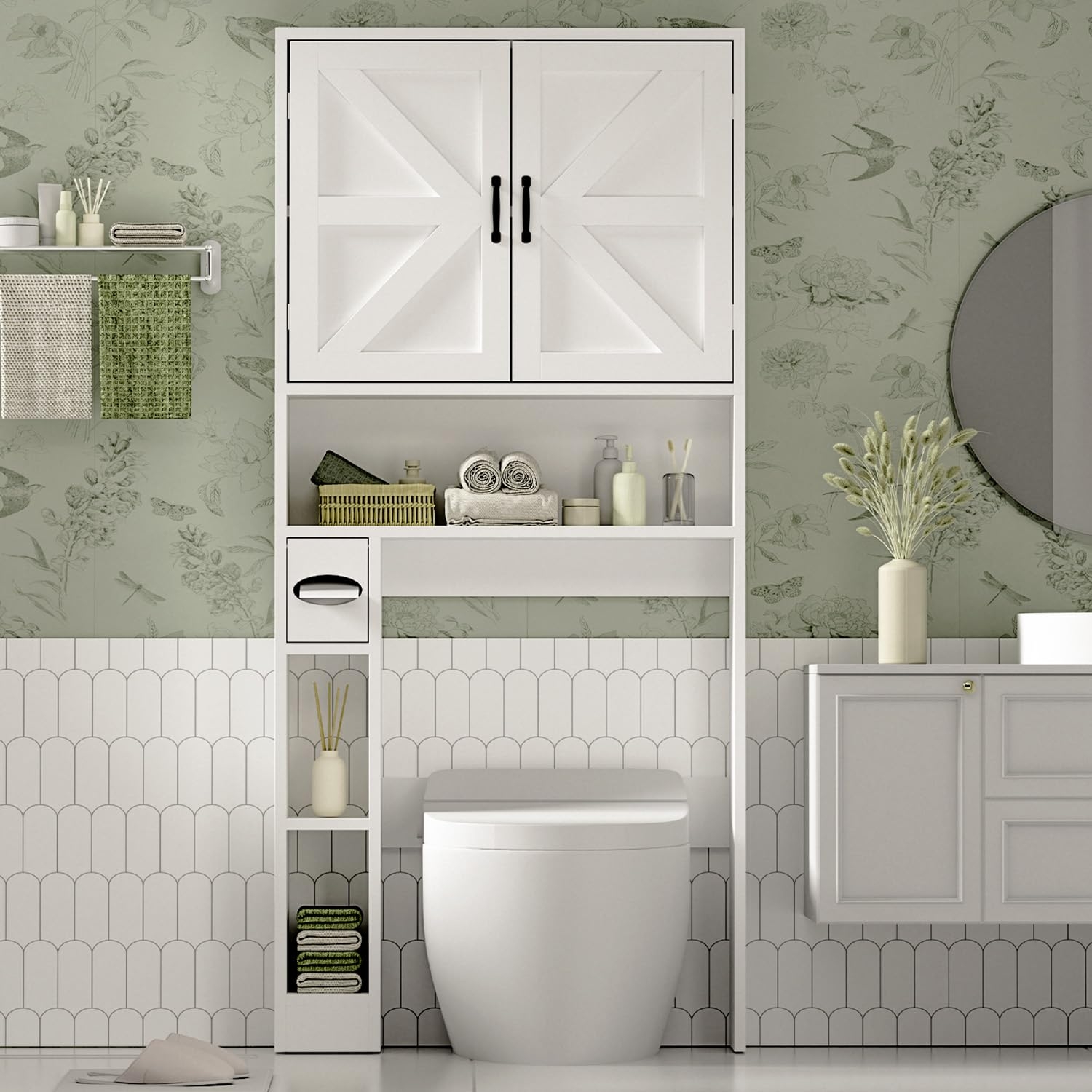 oneinmil Over The Toilet Storage Cabinet with Tissue Holder, 70" Tall Bathroom Cabinet with Doors and Adjustable Shelves, Family Storage Rack for Bathroom, Laundry