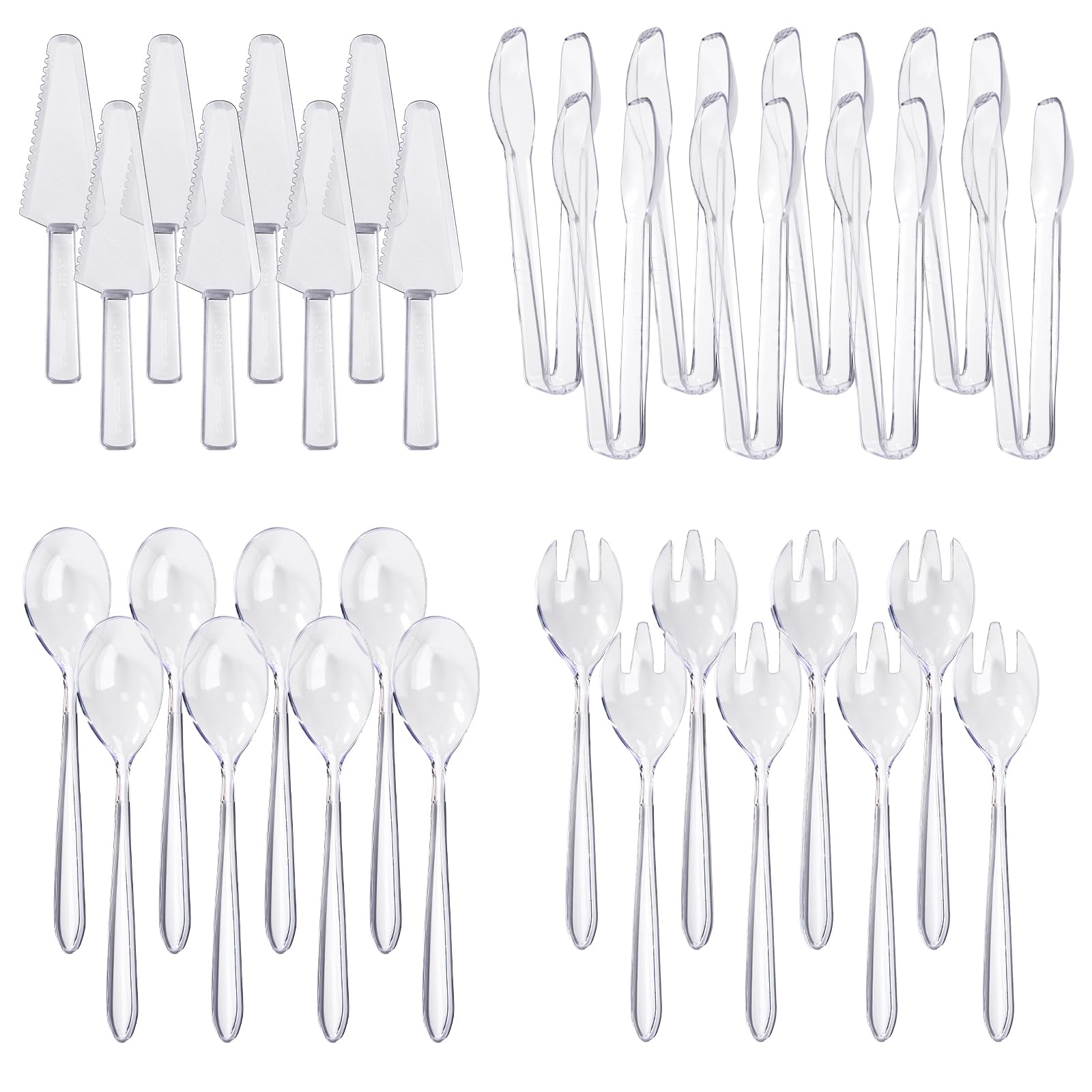 TANEMUDO 32 Pcs Disposable Plastic Serving Utensils Set with 8 Pcs 9.7" Spoons Forks, 8 Pcs 9.5" Knives, and 8 Pcs 6.3" Tongs for Serving Food, Cake, Birthday Party, Buffet, and Cutlery (Clear)