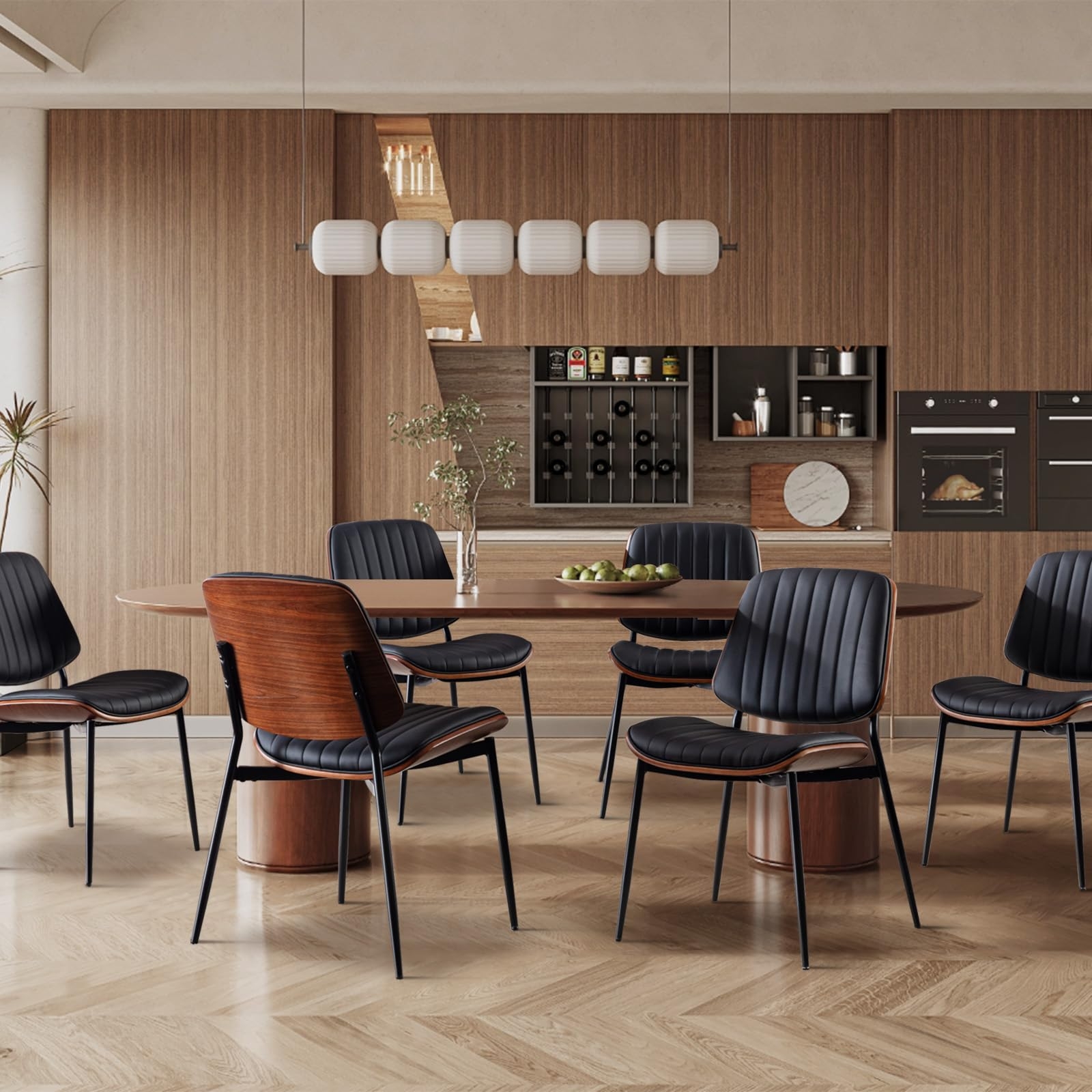 SOARMOTE Dining Chairs Set of 6, Upholstered Mid-Century Modern Dining Room and Kitchen Chairs with Walnut Backrest,Retro Accent PU Leather Side Chairs with Metal Legs,Black