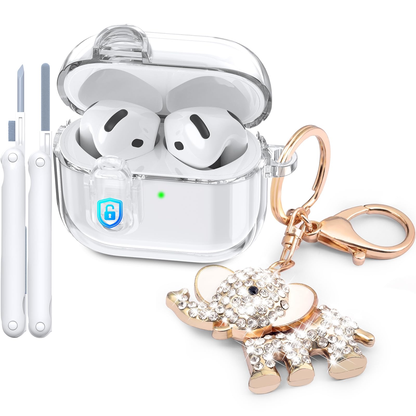 MOFREE Safety Lock Clear Case for Airpods 4 Case 2024 with Cleaner Kit & Elephant Keychain,Soft TPU Transparent airpods 4th Generation Case,Protection Cover for Cute Apple Air pods 4 Case Women Clear