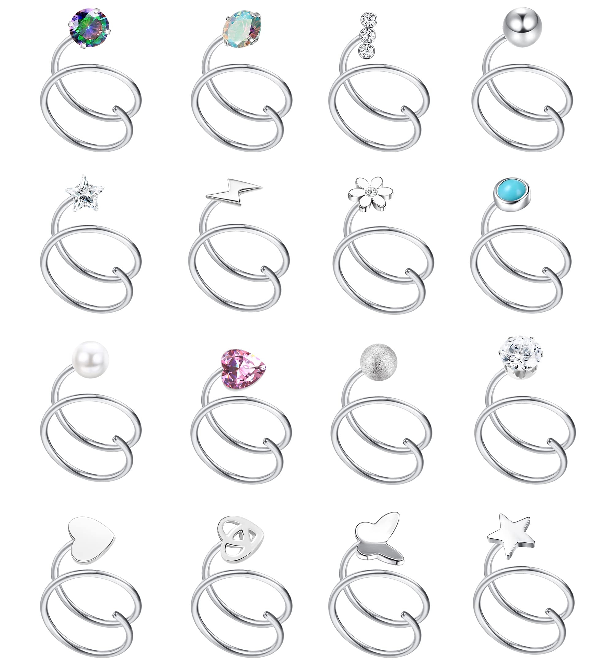 FASACCO 16Pcs Double Nose Ring Hoop for Single Piercing 20 Gauge Stainless Steel Nose Hoop Spiral Star Pearl CZ Butterfly Twist Nose Ring Hoops Double Hoop Earrings for Women