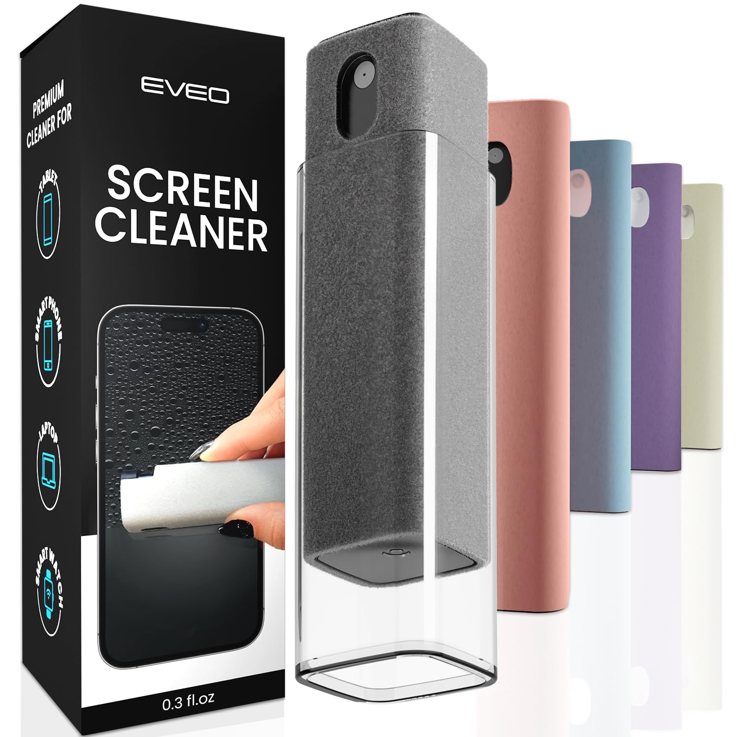 EVEO Screen Cleaner Spray and Wipe - 2-in-1 Car Screen Cleaner & iPhone Cleaner Touchscreen Mist Cleaner for Laptop, Computer, MacBook, iPad and More - Streak-Free Shine - Grey