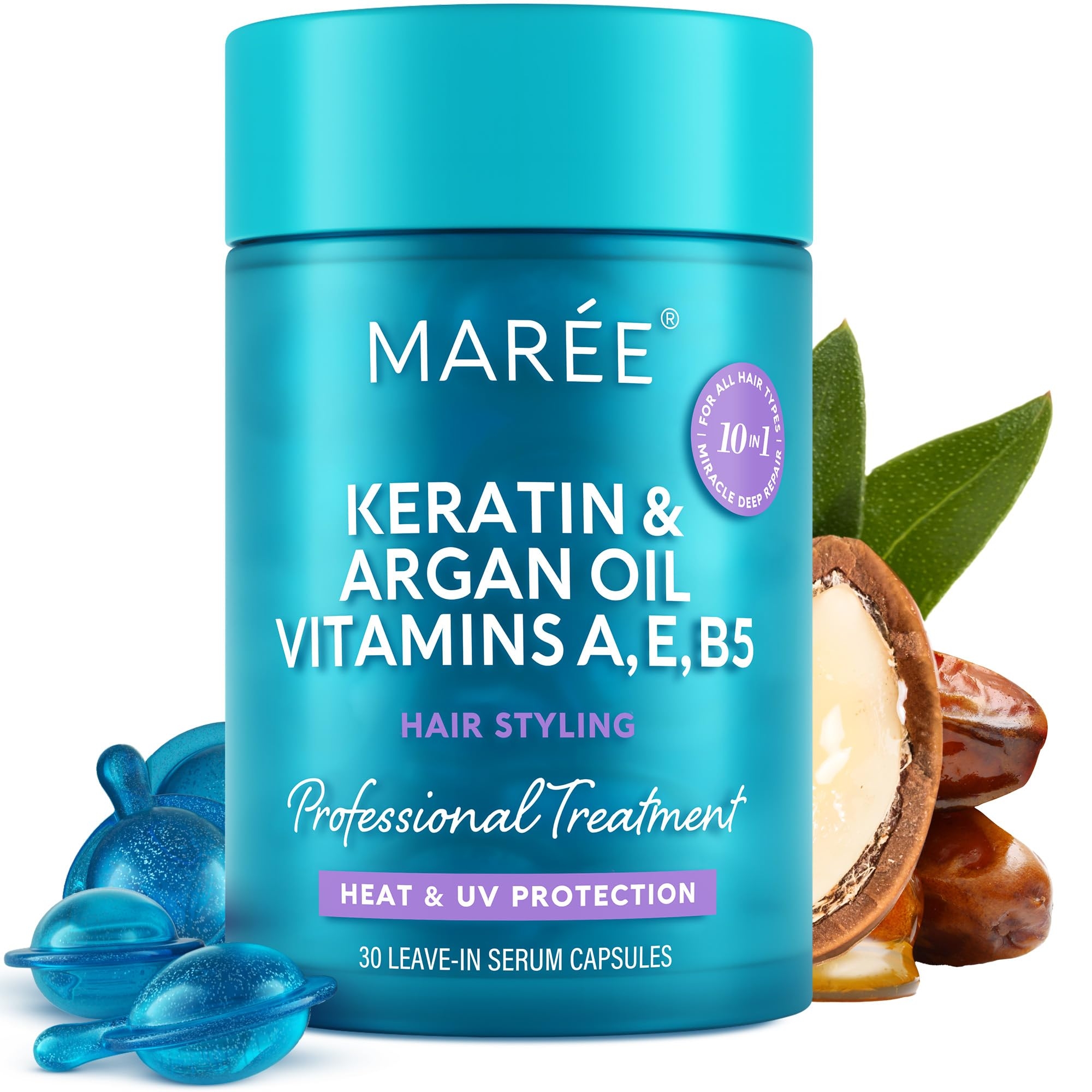 MAREE Hair Oil for Frizzy - Hair Vitamins A, E & B Keratin Styling Capsules with Jojoba & Argan Oil - Anti Frizz Serum for Women - Frizzy, Damaged, Dry and Curly - Sérum Gotas & Aceite Para el Cabello