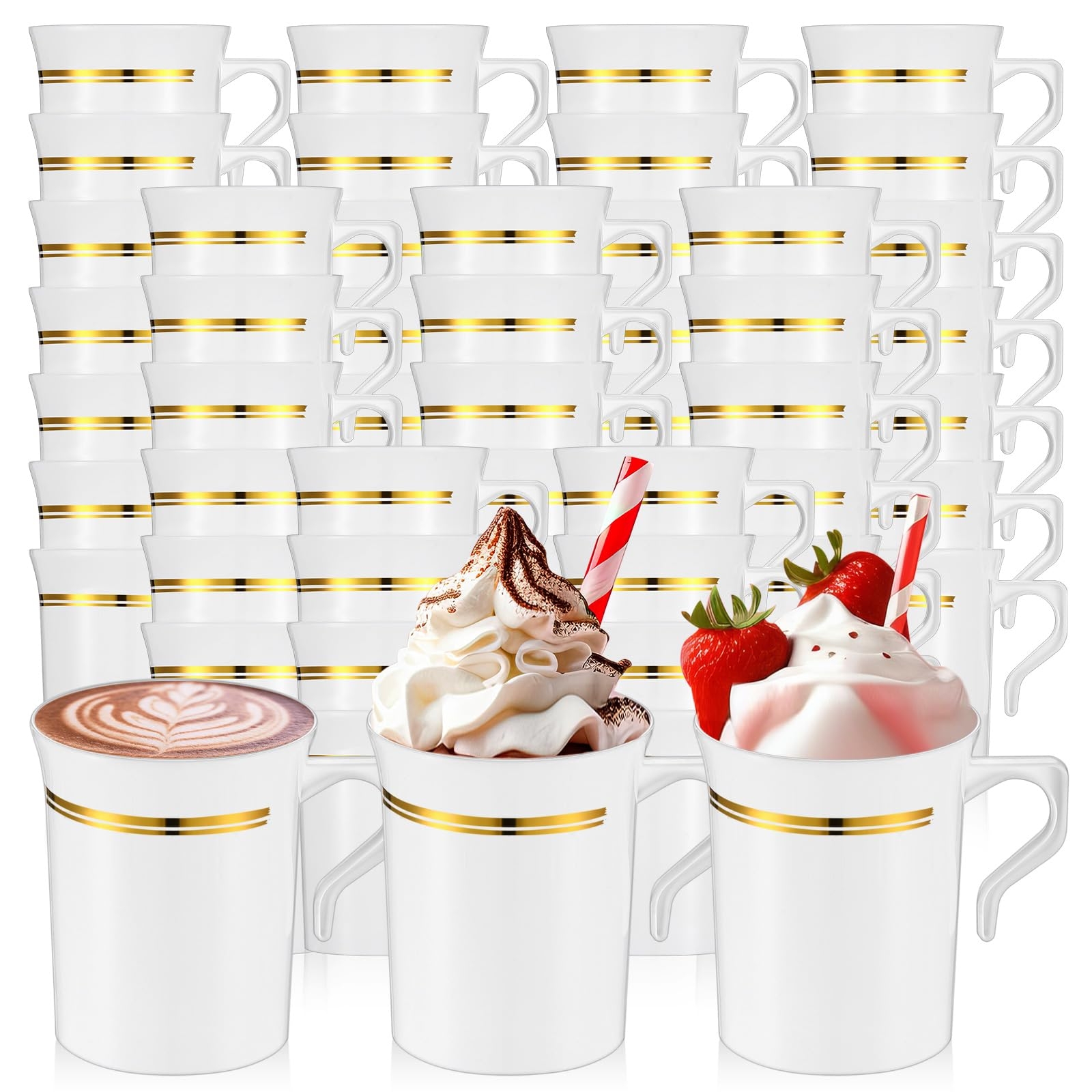 Baderke 48 Pcs Plastic Coffee Cups with Rim 8 oz Disposable Coffee Mugs with Handle Disposable Tea Cups Espresso Beverage Plastic Mugs for Wedding (White,Gold)