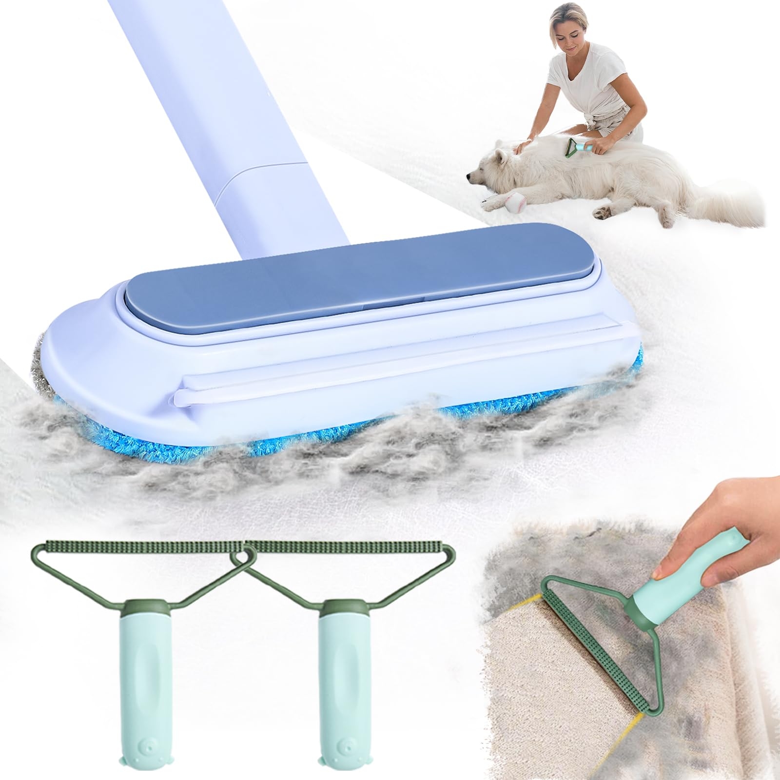 Multifunctional Pet Hair Remover,2 Pcs Carpet Scraper,4 in 1 Dog Hair Remover, Reusable Cat Hair Remover for Dog and Cat,Adjustable Lint Brush for Carpet,Sofa,Bedding,Clothes and Furniture,Blue