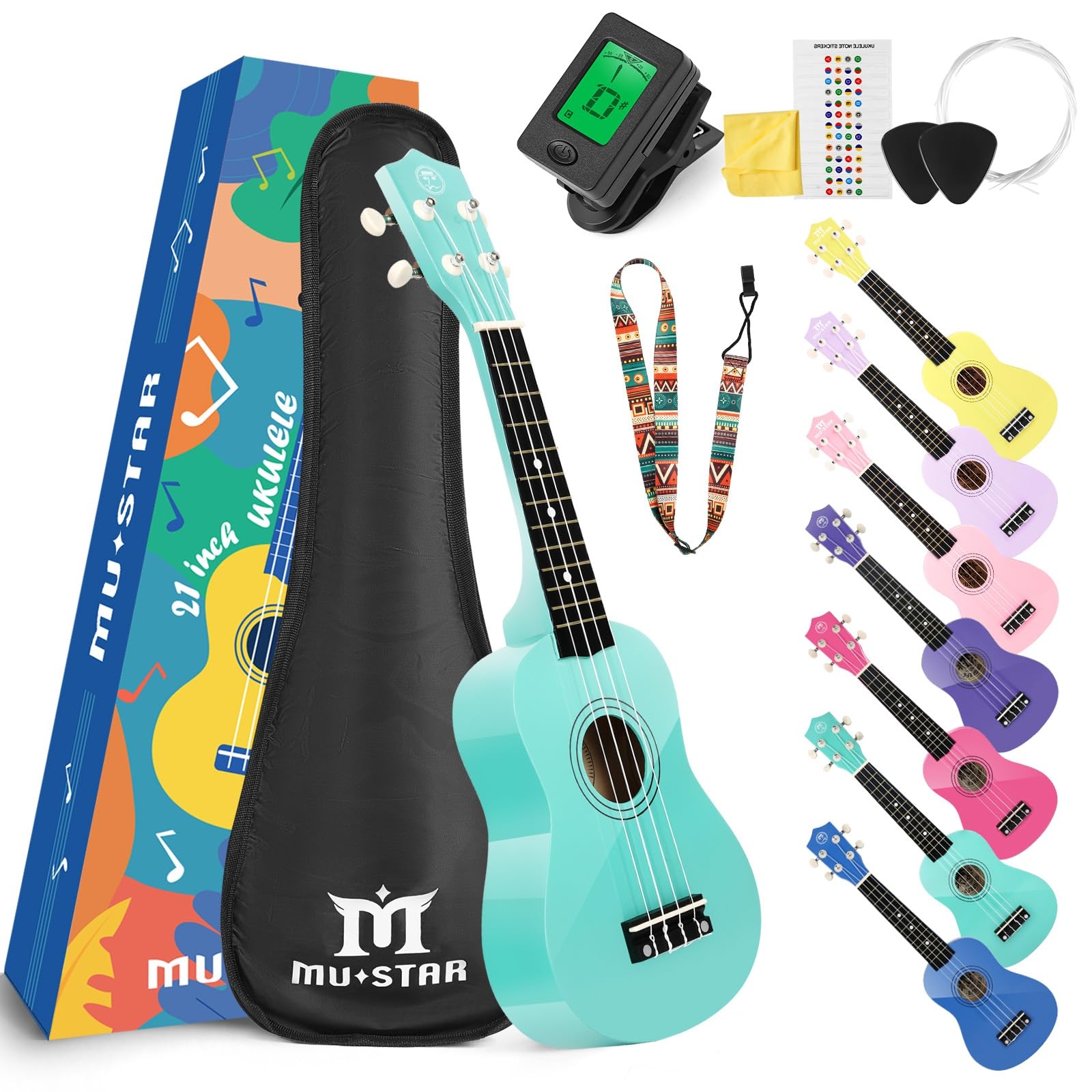 MUSTAR Soprano Ukulele for Beginners - 21 Inch Basswood Ukulele for Kids & Adults Birthday Holiday Present, Gig Bag, Digital Tuner, Strap, Picks, All in One Kit, Ukuleles Starter Kit