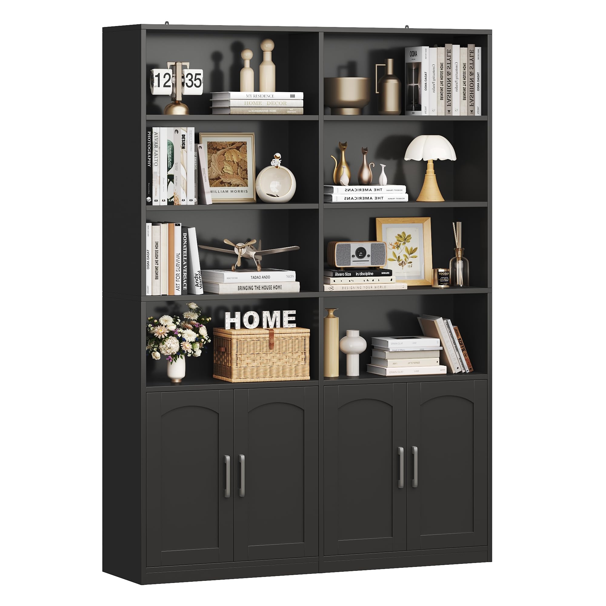 FACBOTALL Bookshelf and Bookcase with Doors, 6 Tier Double Wide Large Bookshelves, Open Display Shelves, 73'' Tall Bookshelf with Storage Cabinets for Home Office, Living Room, Library, Black