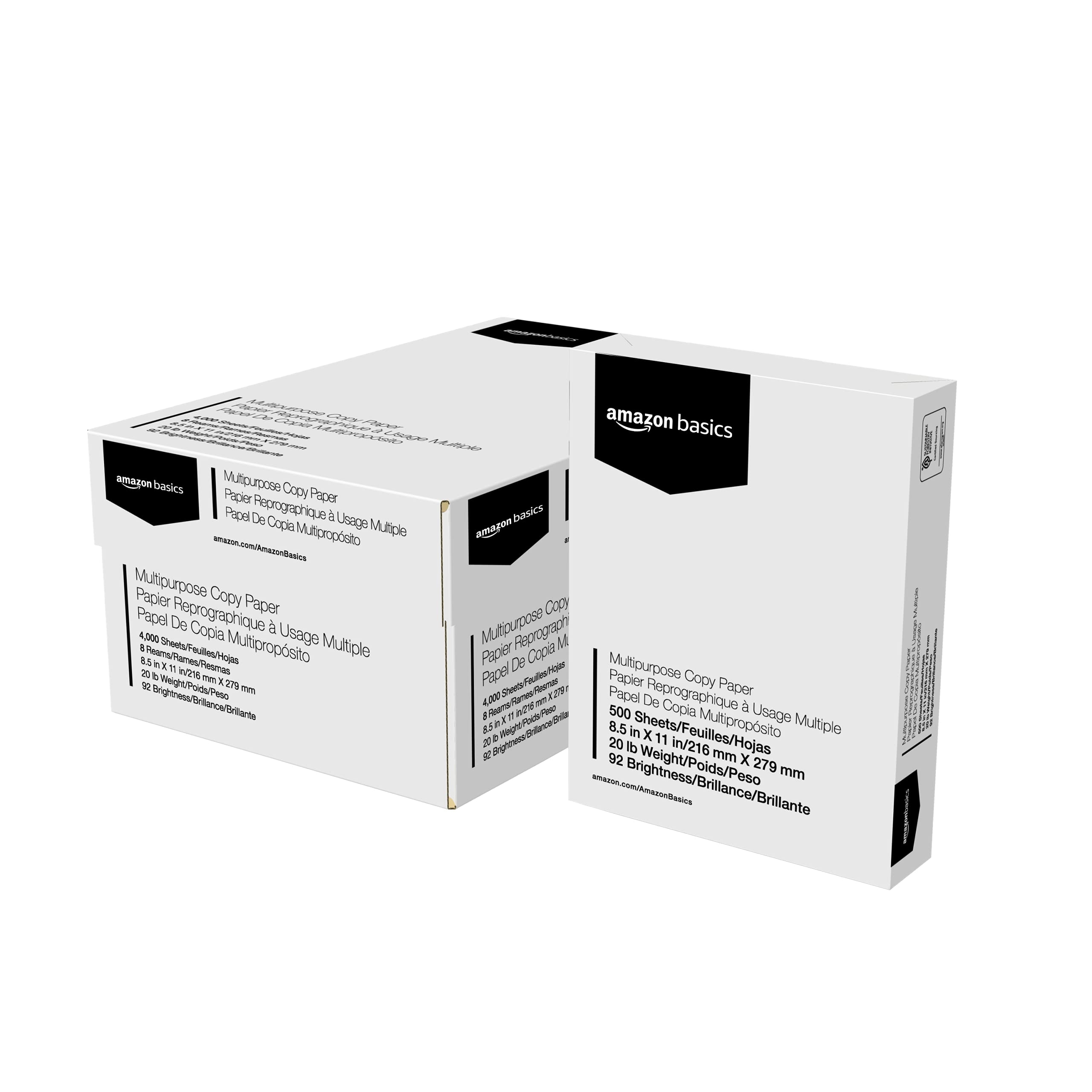 Amazon Basics Multipurpose Copy Printer Paper, 20 lb, 92 Bright, 8.5" x 11", White, 8 Reams, 4000 Sheets (500 Sheets/Ream)