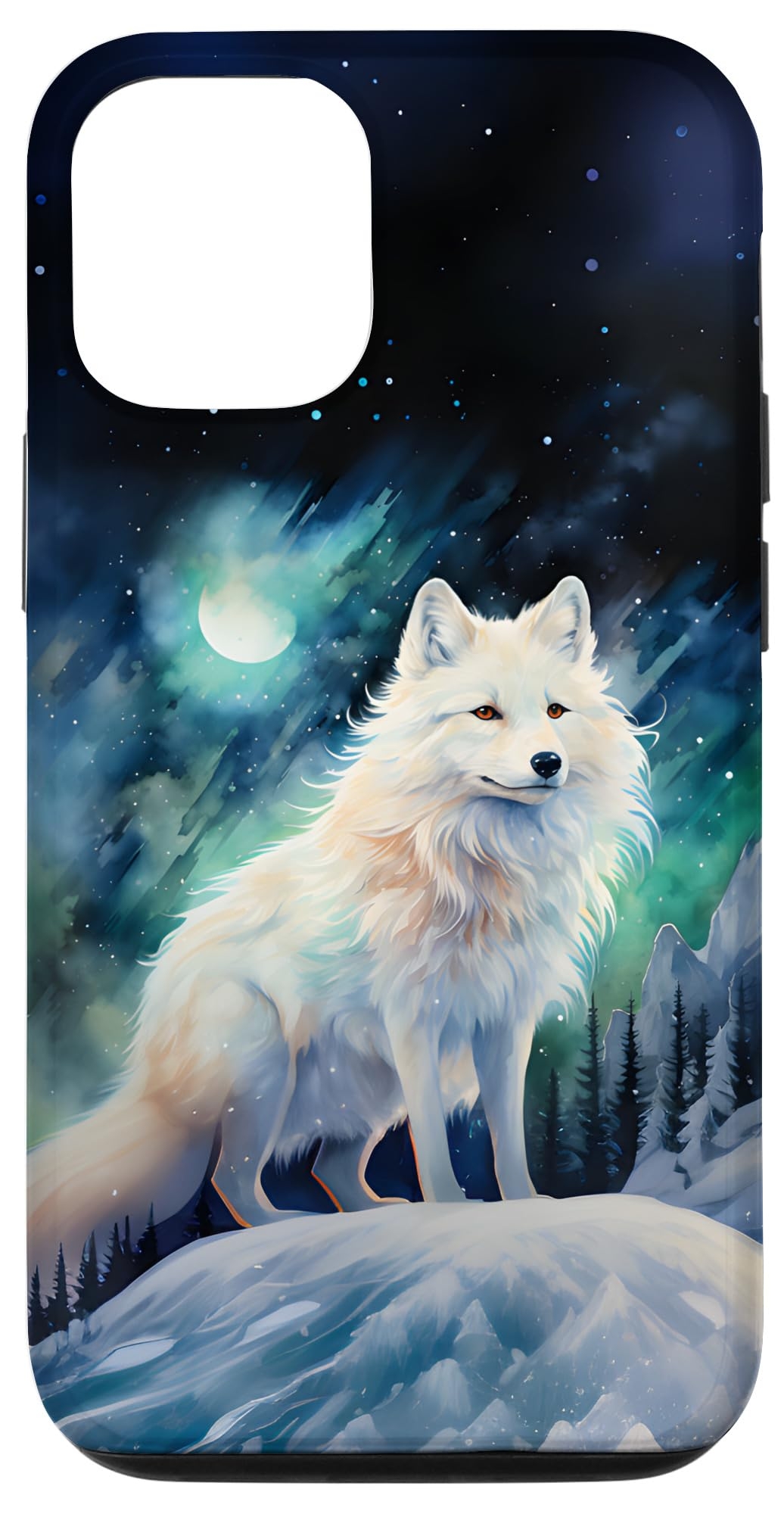 iPhone 15 Arctic Fox Aurora Under a Moon and Starry Sky Watercolor Case