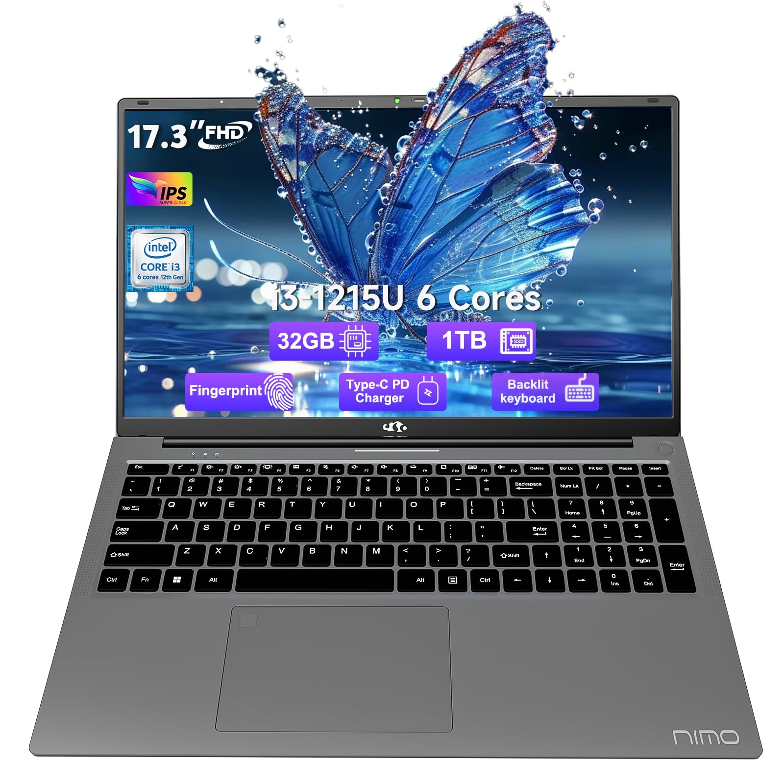 NIMO 17.3 Business-Laptop, 32GB RAM 1TB SSD, Intel Core i3-1215U, Windows 11 Computer PC with Backlit Keyboard Fingerprint Unlock 65W Type-C WiFi 6 BT5.2 54Wh Battery for Students Seniors Home Office