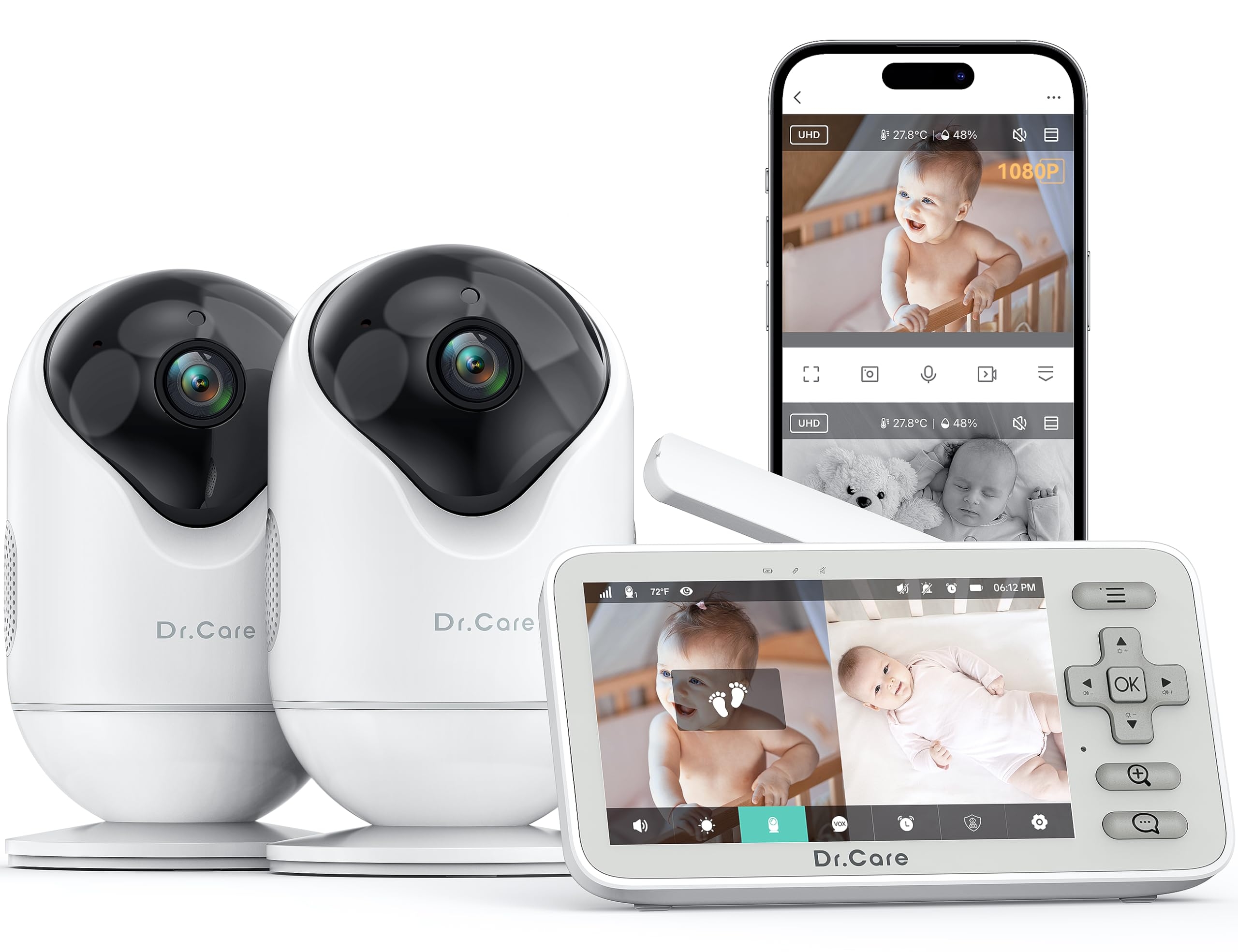 Dr.Care VistaView Lite Smart WiFi Baby Monitor with 2 Cameras- 4” 720P Split Screen & 1080P Camera App Control, Motion Alerts, Night Vision, 3000mAh Battery, 2-Way Talk, Triple Security, 1000ft Range