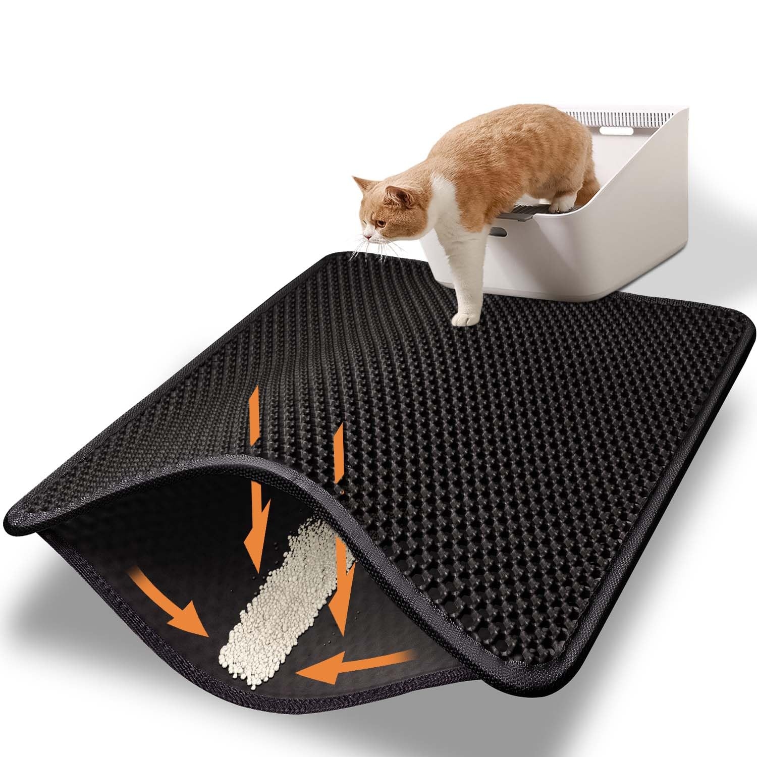 Cat Litter Mat 23"X17" Litter Box Mat, EVA Honeycomb Double Layer Design, Urine & Waterproof, Scatter Control Kitty Litter Mat, Less Waste, Easier To Clean,Washable, Black