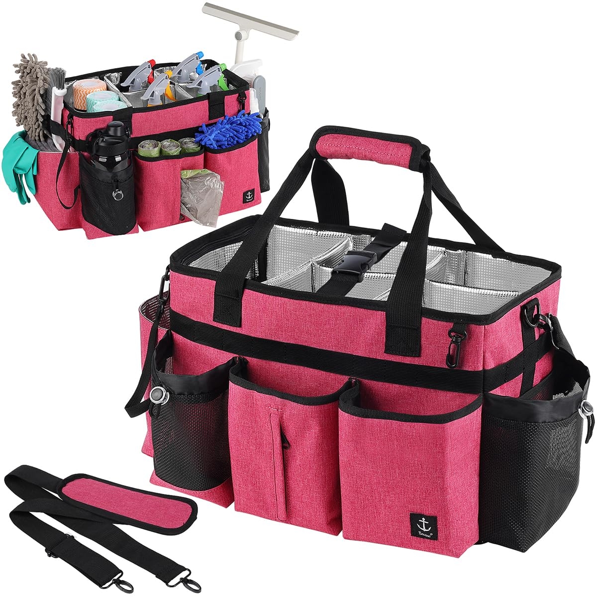Timoxi Large Cleaning Caddy Bag Built-in Sturdy Support Board, Cleaning Organizer with Detachable Divider, Cleaning Supply Tote with Adjustable Shoulder Strap&Waist belt for Cleaners & Housekeeper