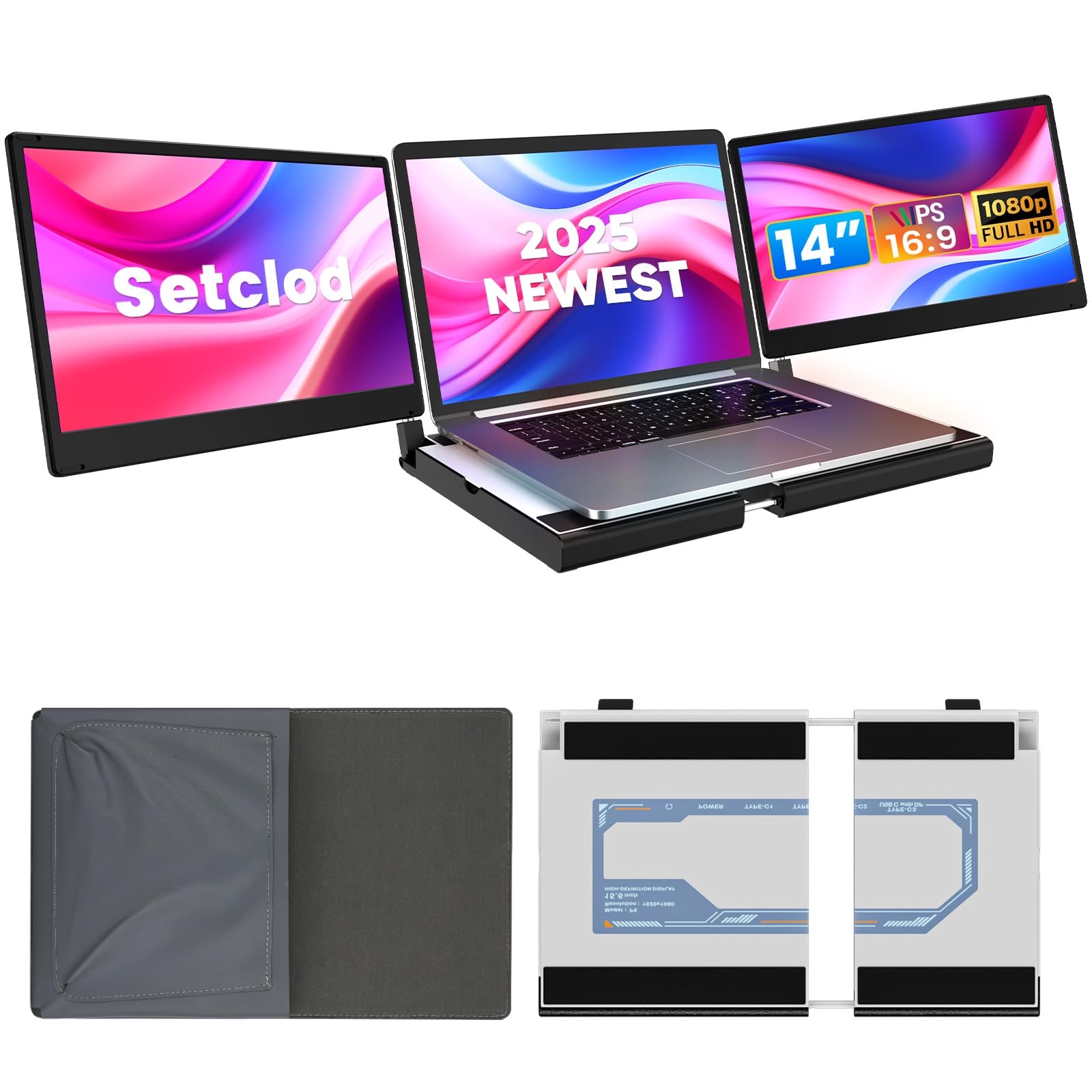 Setclod 14" FHD 1080P Laptop Monitor Extender, Triple Screen, Portable, Compatible with Mac, Windows, Chrome