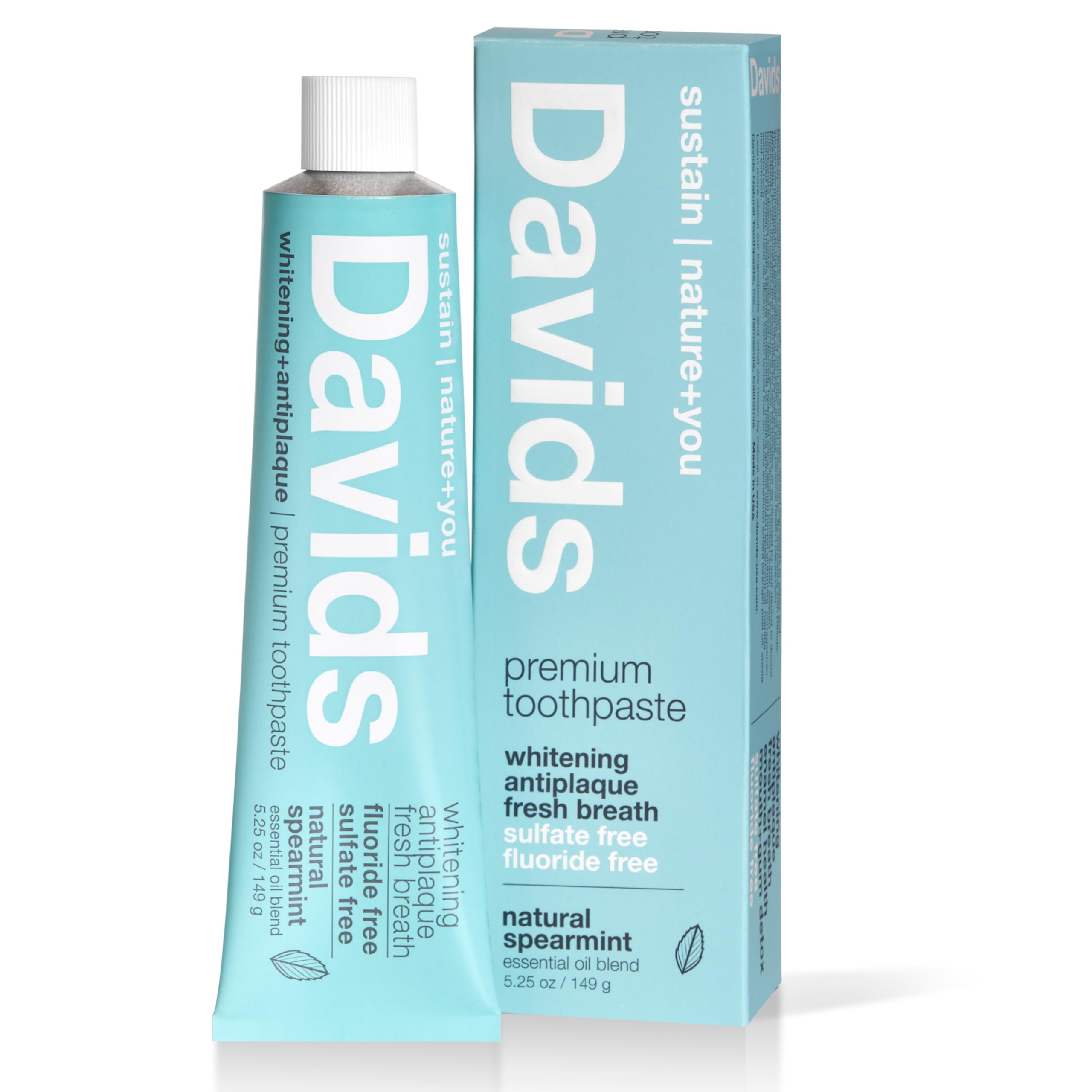 Davids Fluoride Free Toothpaste, Teeth Whitening, Antiplaque, SLS (Sulfate) Free, Promotes Enamel Health, Mouth & Gum Detox, EWG Verified, Natural Spearmint, 5.25oz, Made in USA