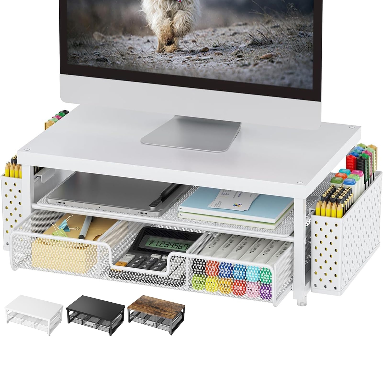 gianotter Monitor Stand Riser, Desk Organizer with Drawer and Pen Holder, 2-Tier Computer Stand, Office Desk Accessories, Office Organization (White Wood + Metal)