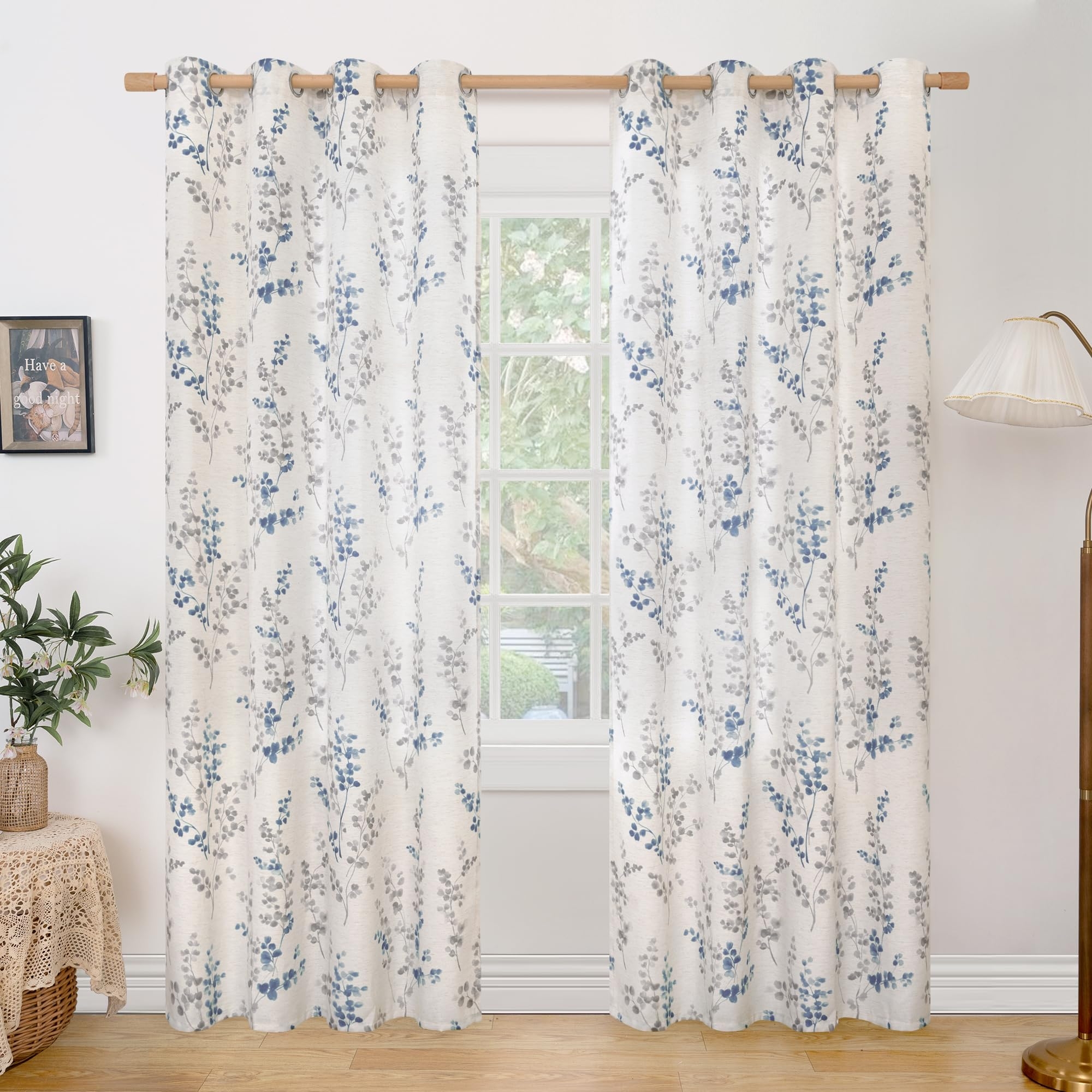 BGment Linen Curtains for Living Room 84 Inch Length 2 Panels Set Floral Leaf Patterns, Light Filtering Privacy Window Curtains for Bedroom Boho Farmhouse Vintage, Each 52 Inch Wide, Navy