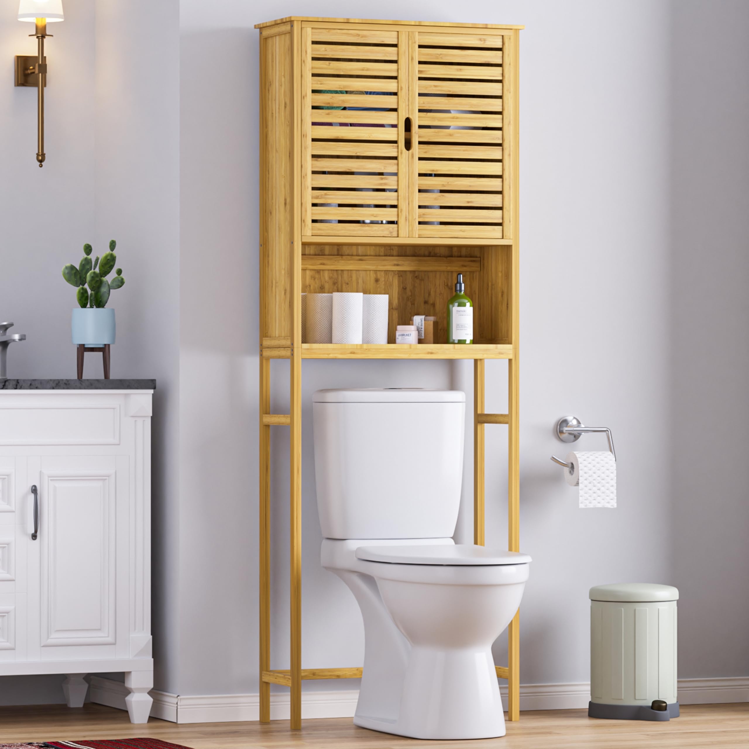 VEIKOU Over The Toilet Storage Cabinet, Bamboo Over Toilet Storage with Removable Shelf, Bathroom Freestanding Over The Toilet Storage with Open Storage, Natural