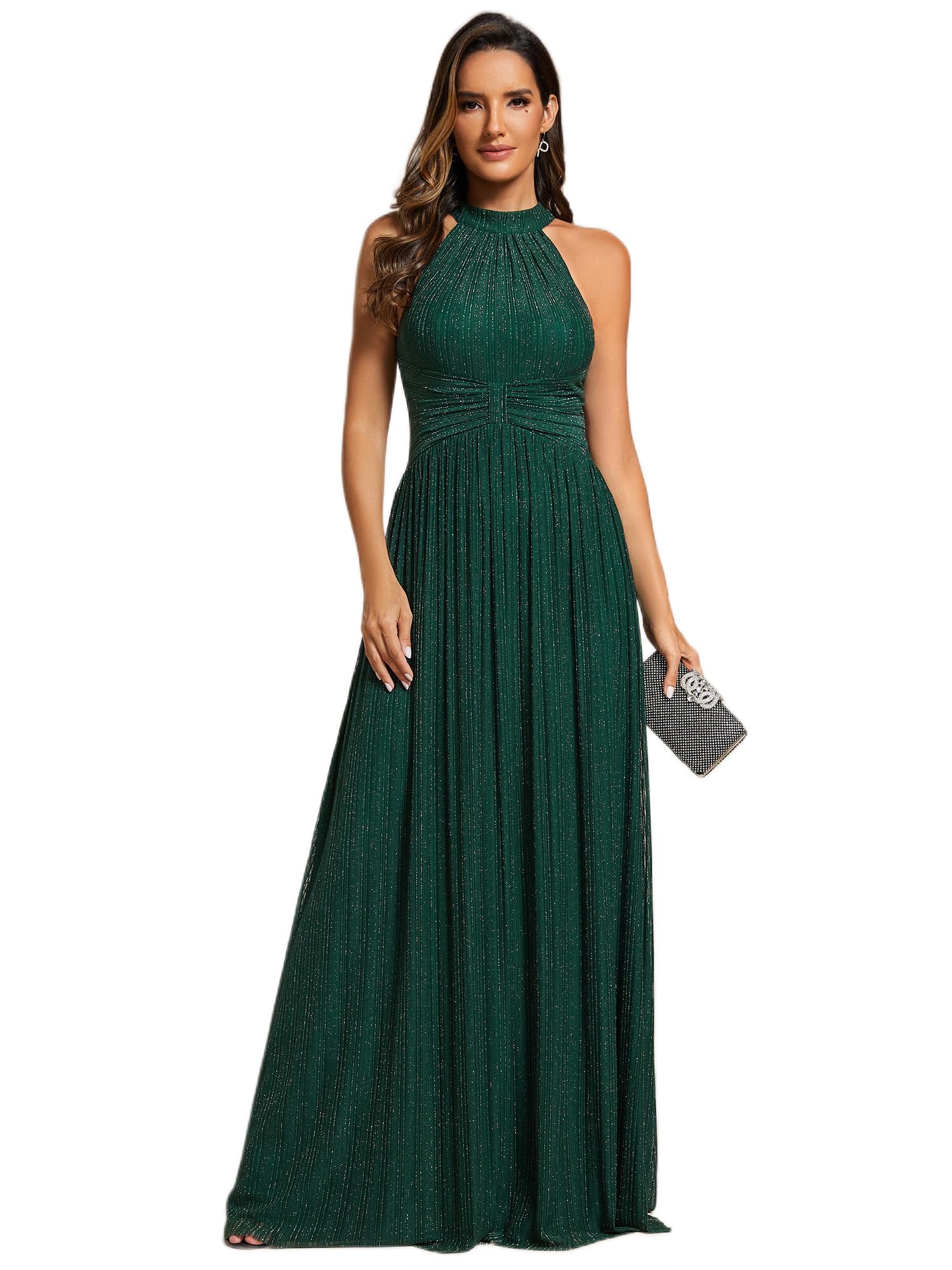 Ever-Pretty Women's Summer Halter Sleeveless Pletaed Floor Length Glitter Formal Evening Gowns 41961